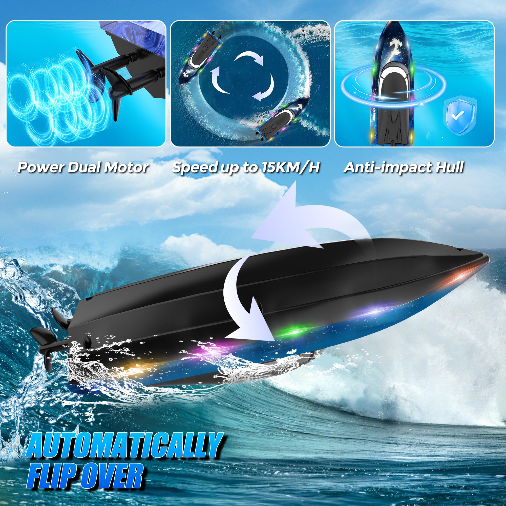 DEERC Lot De 2 Bateaux Télécommandés De 33 Cm Pour Enfants, 4 Batteries