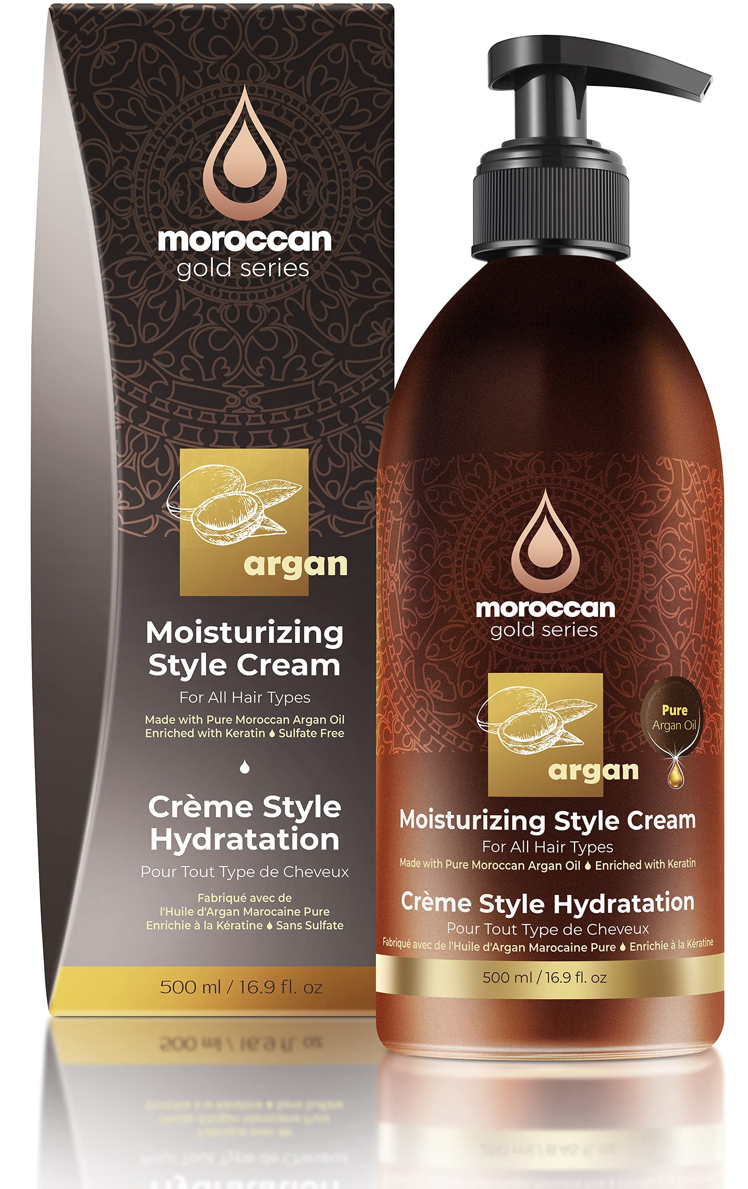 Moroccan Gold Series Moisturizing Style Cream – Hydrating Hair Styling Cream for Curly, Fine or Frizzy Hair with Pure Moroccan Argan Oil and Keratin – Blow Dry Cream, Curl Defining Cream, 500 ml