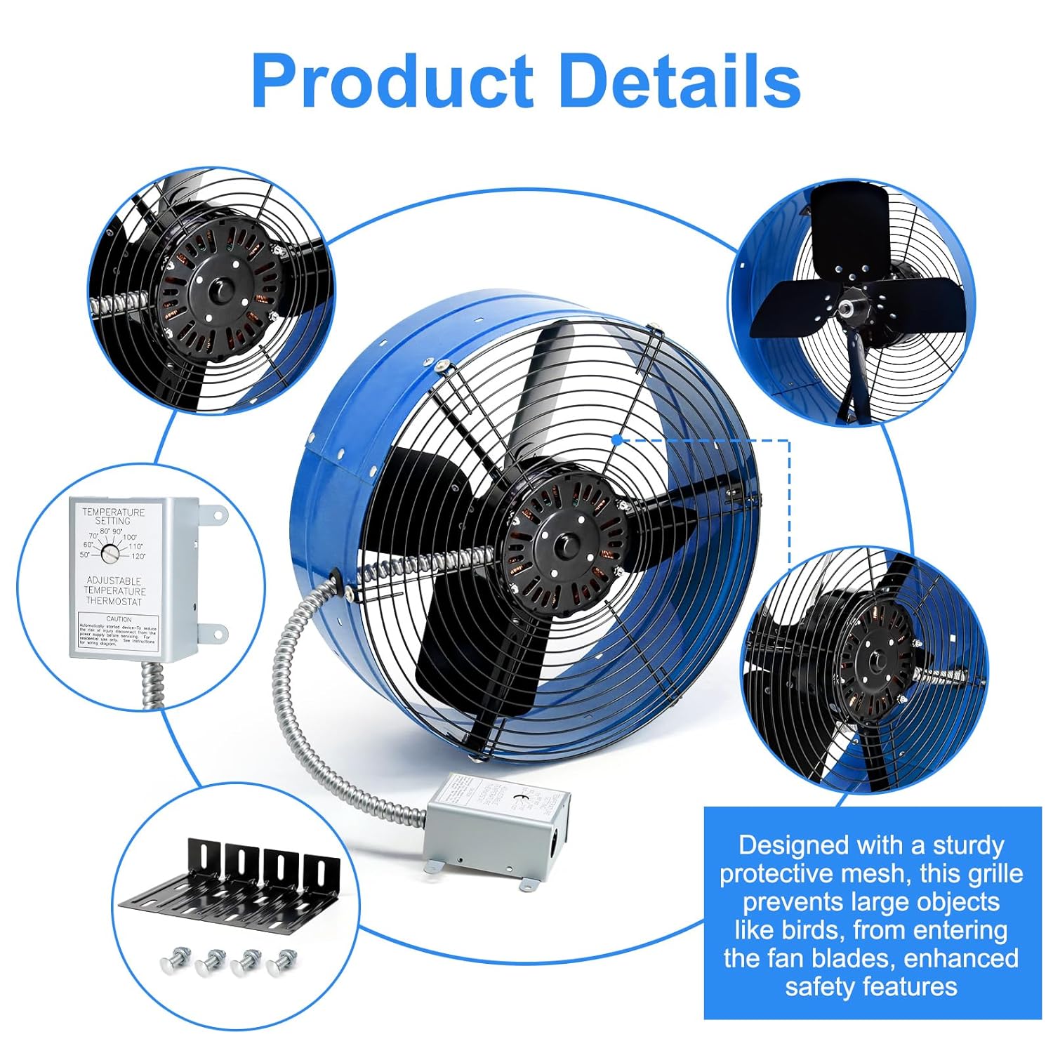 Attic Vent Fan with Adjustable Thermostat, 15" Gable Mount Ventilation Exhaust Fan 1600 CFM, 1050 RPM, 2400 SQ. FT. Attic Ventilator Blue for Gable, Shed, Home,Garages