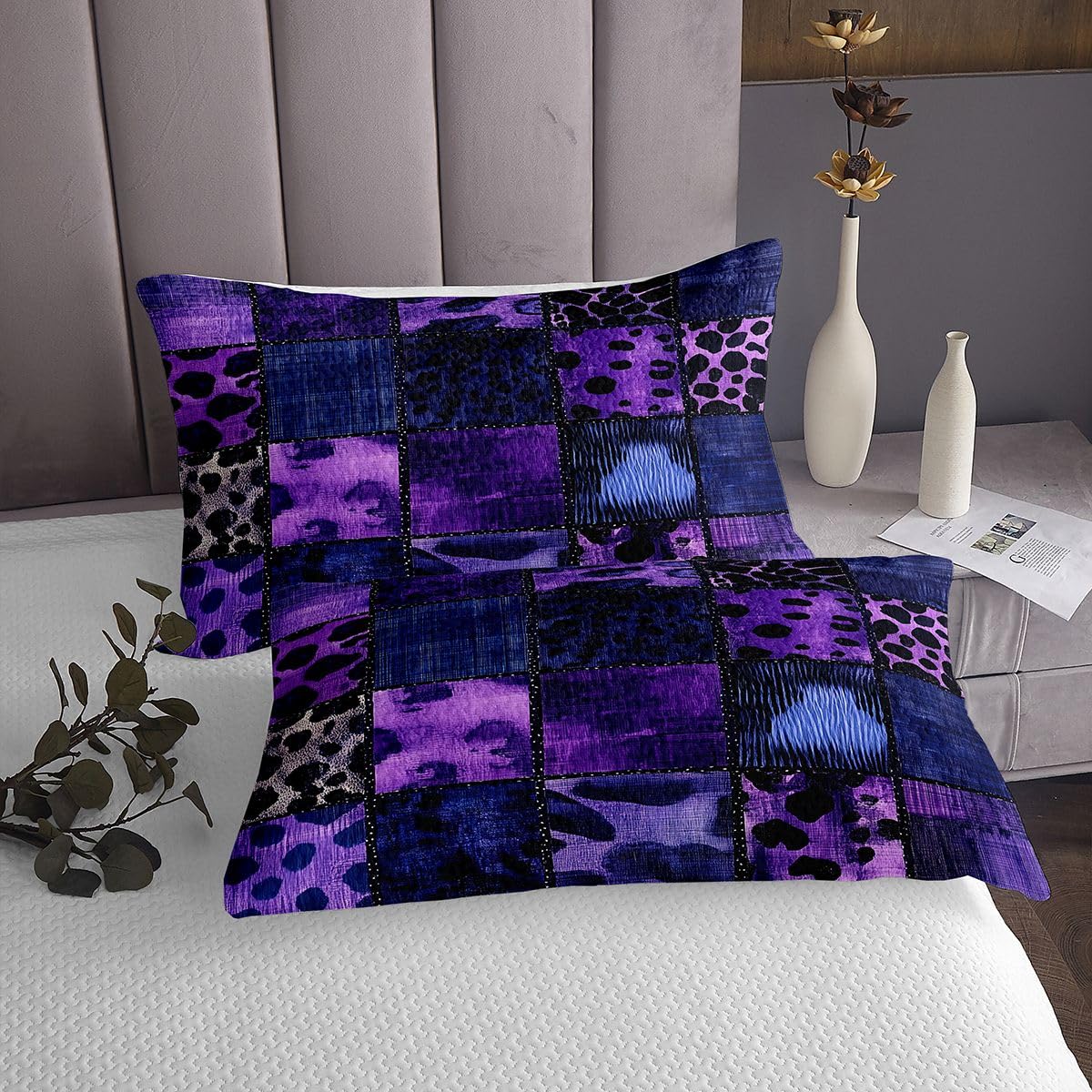 Colcha con estampado de leopardo púrpura tamaño L Patchwork African Wildlife estampado de piel ropa de cama para adultos adolescentes vintage geométrico a cuadros Coverlet 2 fundas de