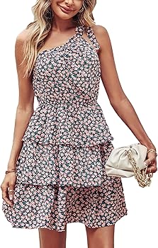 PRETTYGARDEN Women's Summer Tie One Shoulder Boho Floral Dress Elastic Waist Tiered Ruffle A Line Flowy Mini Dresses