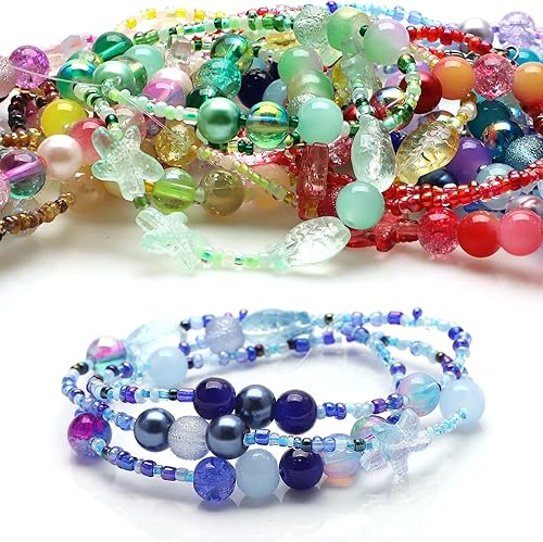 Miniatura 4 de Rired 27 760 cuentas de pulsera de cristal surtidas para hacer joyas, 8 tipos de cuentas redondas de vidrio azul glamour con cuentas de estrella,