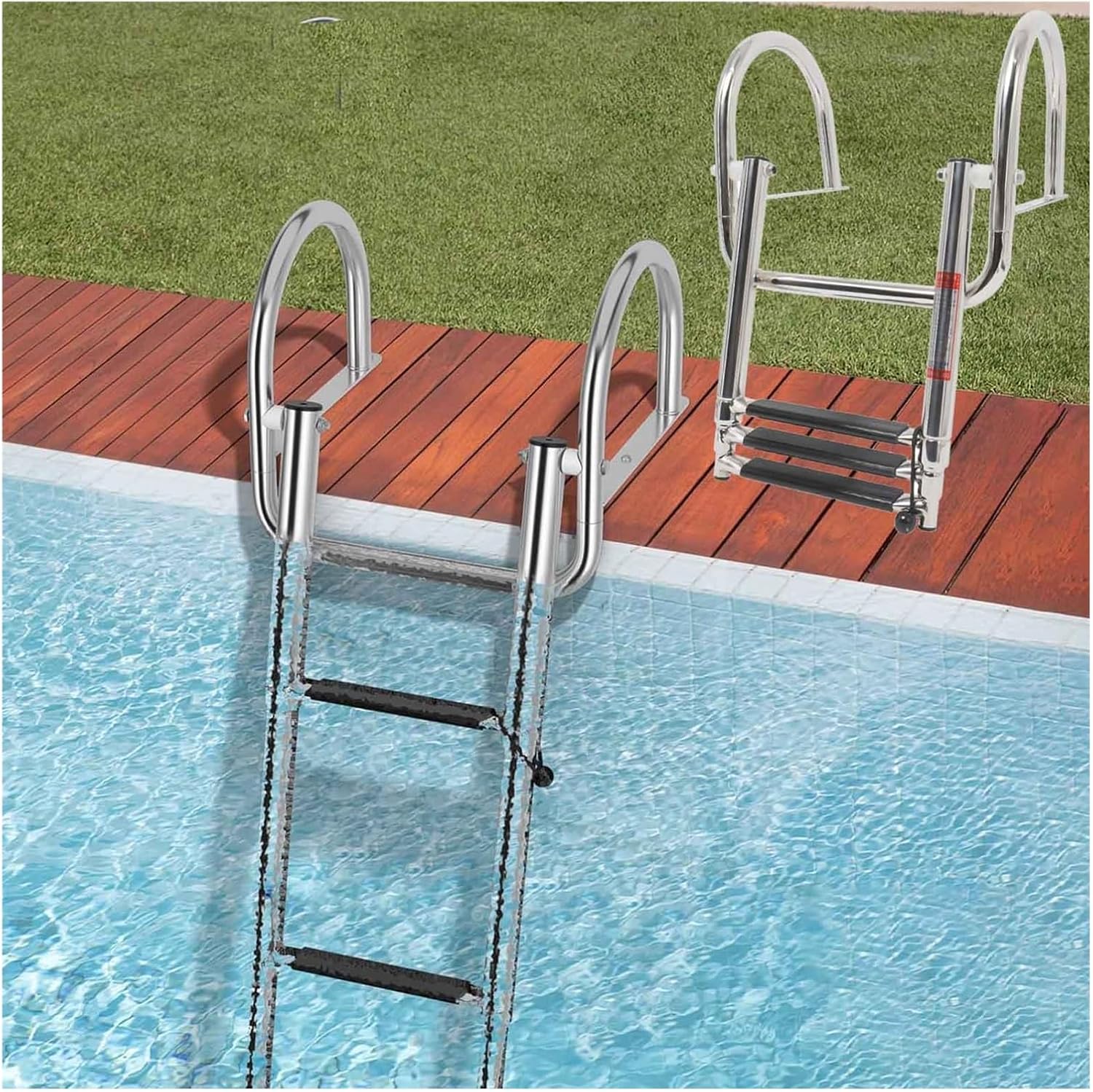Heavy Duty Stainless Steel Swimming Pool Dock Ladder/Marine Pontoon Boat Ladder, 3/4 Step Folding Telescoping Rear Entry Inboard Ladder with Handrails, Extra-Wide Steps and Fittings (Colo