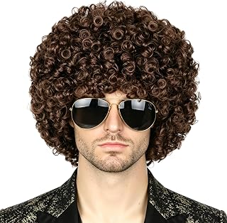 Topcosplay Unisex Afro Perücke - 70er Jahre Funky Hippie Kurz Lockig Dunkelbraun für Fasching Kostüm Halloween