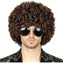 Topcosplay Men and Women Afro Wigs Dark Brown Disco Rocker Hippie Wig Short Curly Halloween Costume