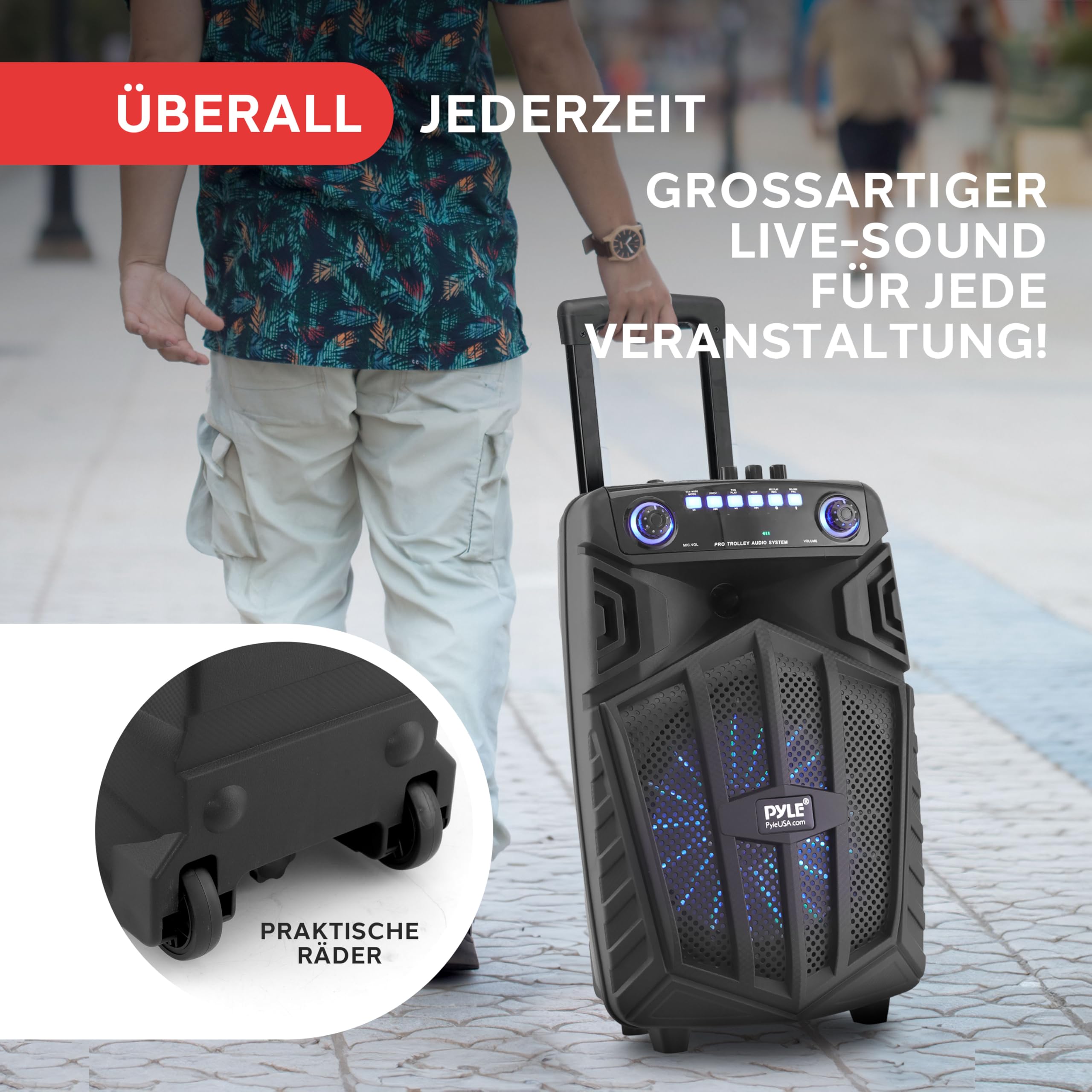 Pyle Tragbarer Bluetooth-Lautsprecher 880 W mit kabellosem Mikrofon und Rädern TWS Partylichter