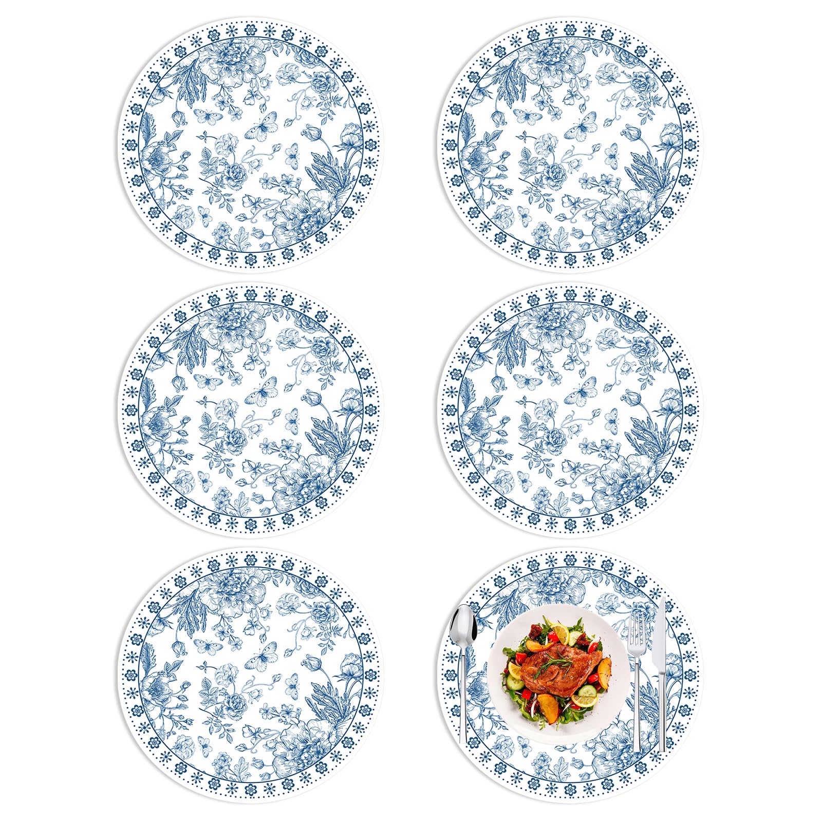Set de table rond plastique lavable motif floral bleu et blanc cuisine extérieur