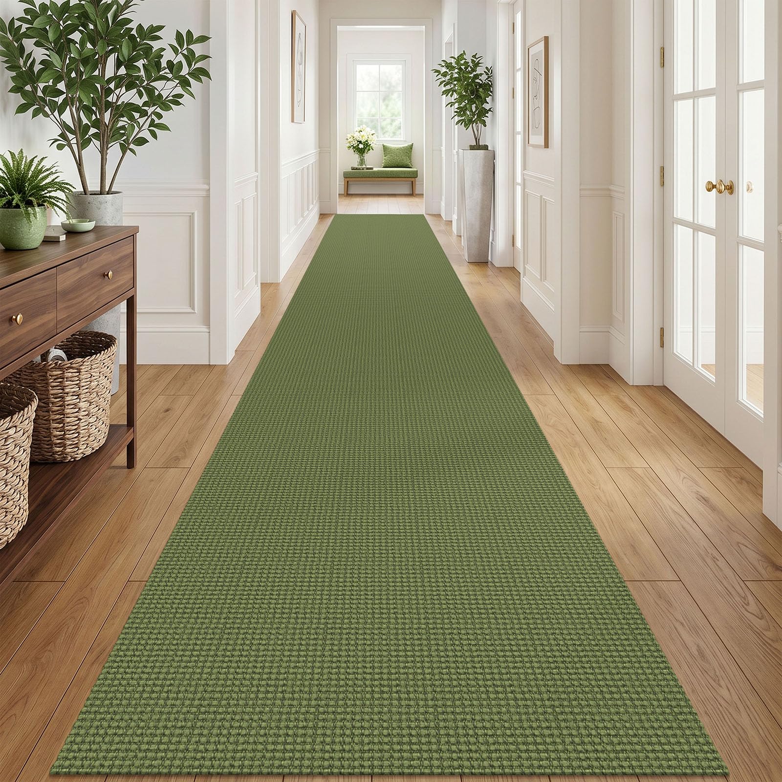 IOHOUZE Washable Exrea Long Hallway Runner Rug 3x20 Non Slip Rubber Backed Kitchen Runner Entryway Runner Indoor, Woven Rugs Floor Carpet for Kitchen Hall Entryway, Olive Green/Earthy Green