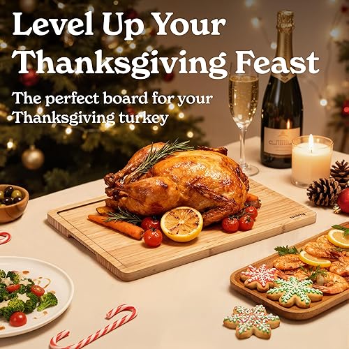 Miniatura 8 de SMIRLY Juego de tablas de cortar de madera para cocina, juego de tablas de cortar de madera reversibles con ranuras profundas para jugos profundos,