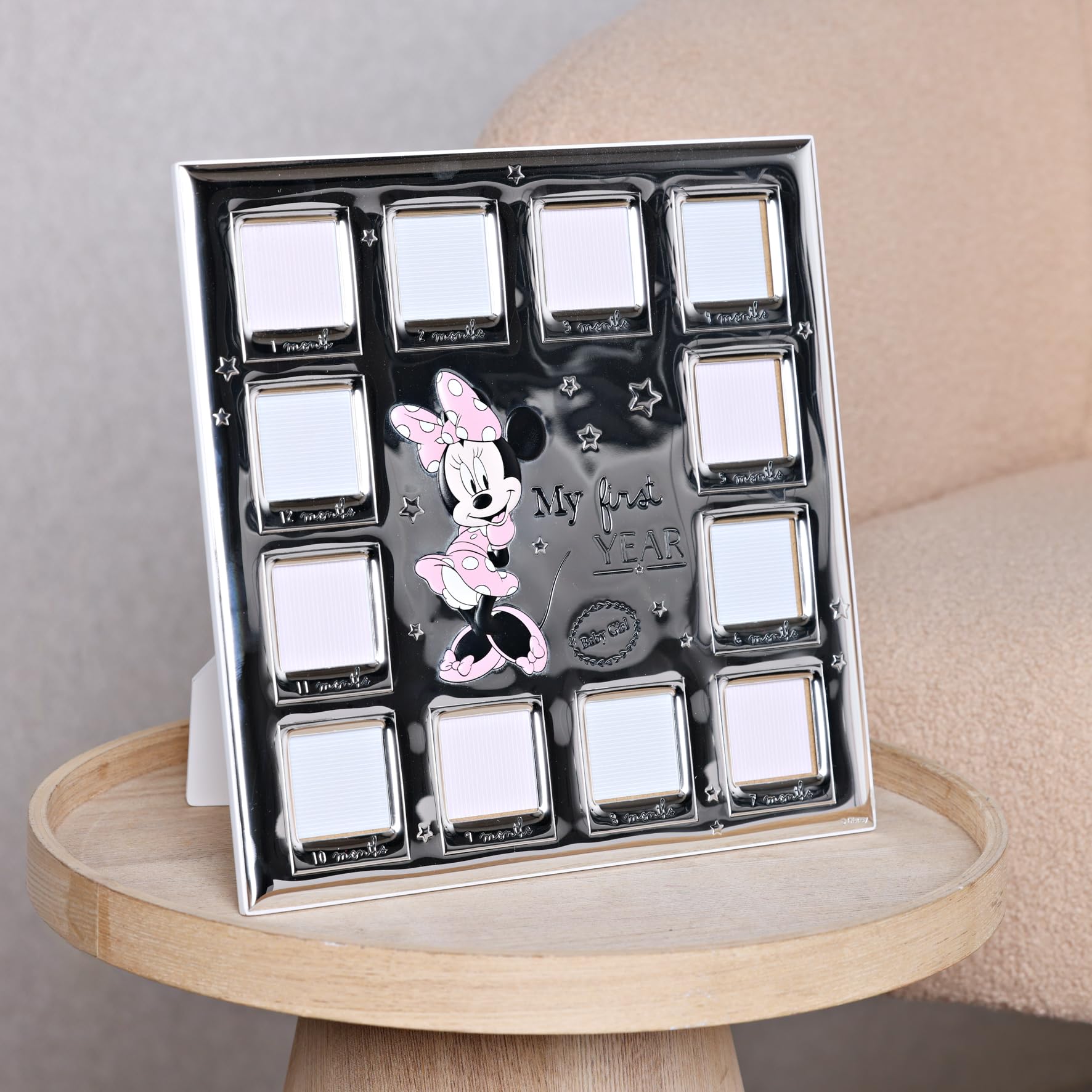 Disney – Minnie Mouse – Echt versilberter Multi-Bilderrahmen "My First Year" – hergestellt in Italien, lizenziertes Disney-Merchandise-Produkt, selbststehend, Holzrückseite, Frühjahr, Geburt, Geschenk