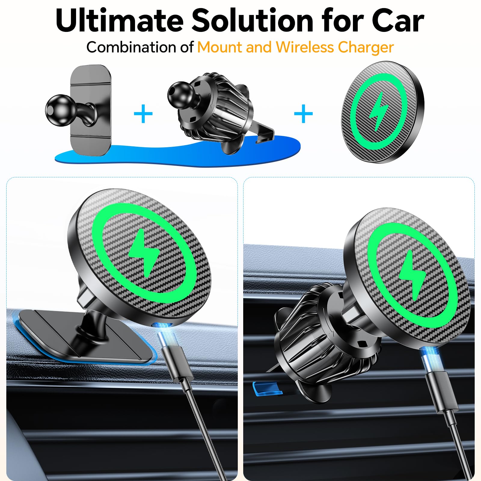 Coolpow Cargador de coche Magsafe 100% estable: cargador de coche Magsafe de 15 W, soportes magnéticos para tu coche, accesorios para mujeres, hombres, soporte de teléfono de coche, cargador