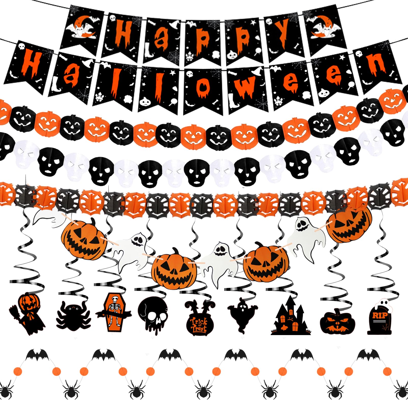 Halloween Decoration,15PCS Halloween Indoor Decor for Home Window ,Reusable Happy Halloween Banner,Halloween Pumpkin Garland,Hanging Swirl Decorations Set for Halloween Party Garden