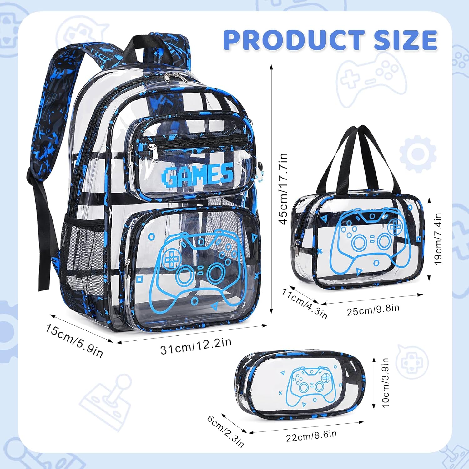Clear Backpack for Boys - 3 Pcs Game Clear Backpack Heavy Duty with Lunch Bag - See Through Bookbag Stadium Approved for Kids Middle High College School Travel (Blue Print Game) - Image 2