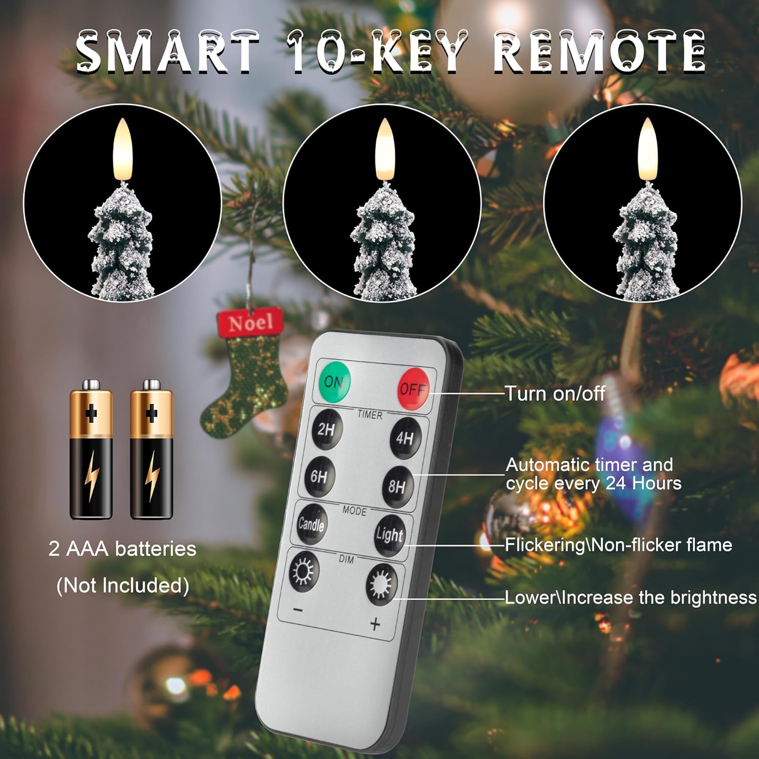 Christmas Tree Candles with 3D Wick, 11.4" Green Real Wax Flameless Taper Candles with Remote, Flickering LED Xmas Candlesticks Battery Operated Candle for Home, Party Decor, 2 Pack - Image 3