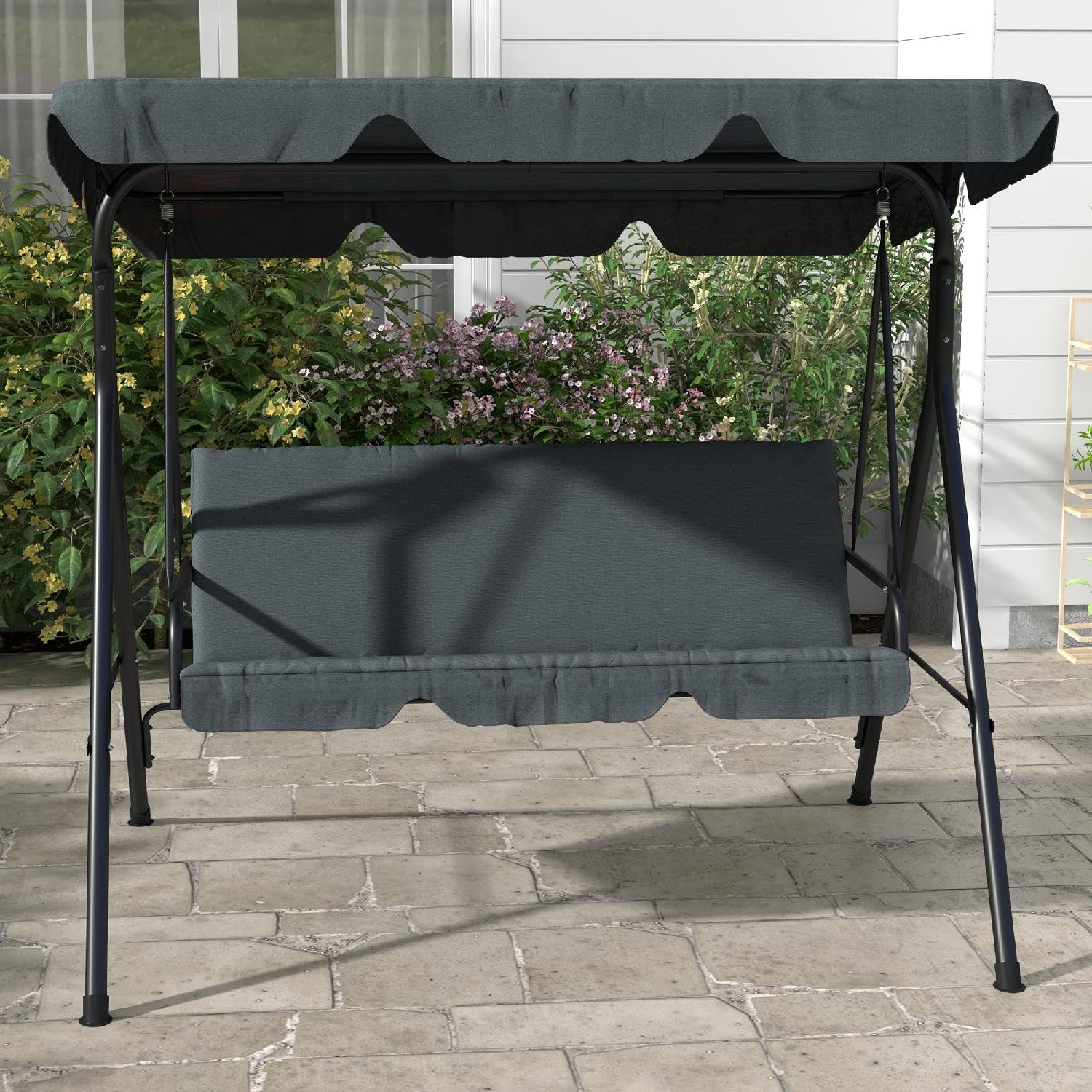 Dondolo da Giardino 3 Posti con Tettuccio Parasole in Acciaio/Poliestere Dimensioni 172x110x153 cm Colore Grigio