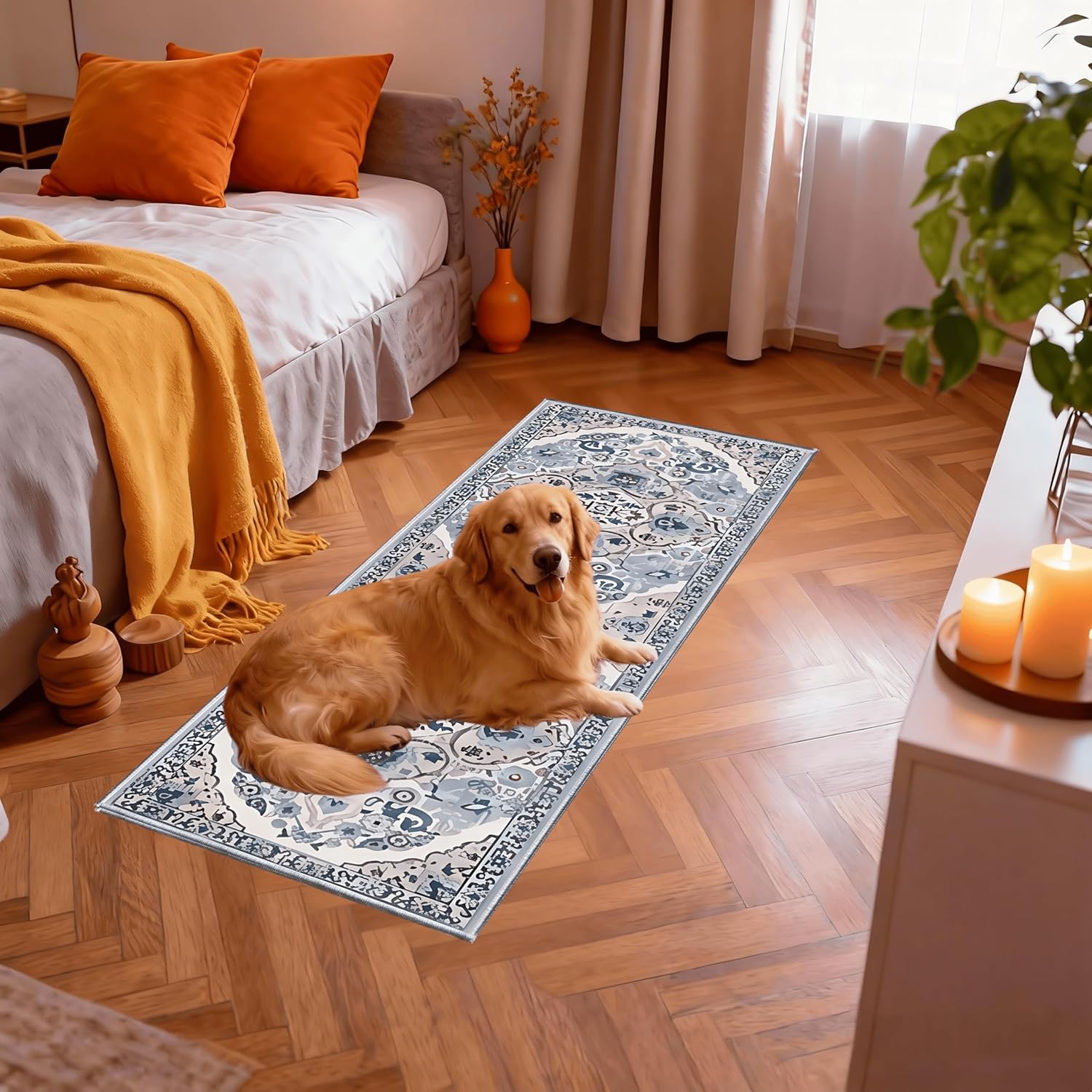 Boho Kitchen Rug Set, 3pcs Non Slip Bohemian Kitchen Rug, Washable Kitchen Floor Mat, Indoor and Outdoor Entryway Floor Mat, Foot Mat, Living Room Area Rug, Home Decoration (Blue & Beige)