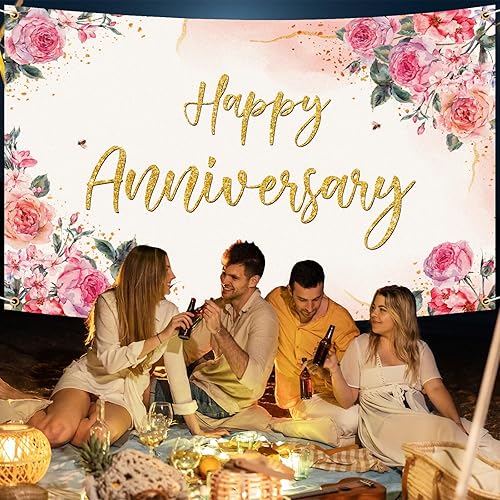 Miniatura 5 de Decoración de telón de fondo de feliz aniversario, diseño floral rosa, decoraciones temáticas de fiesta de aniversario de boda para parejas, hombres