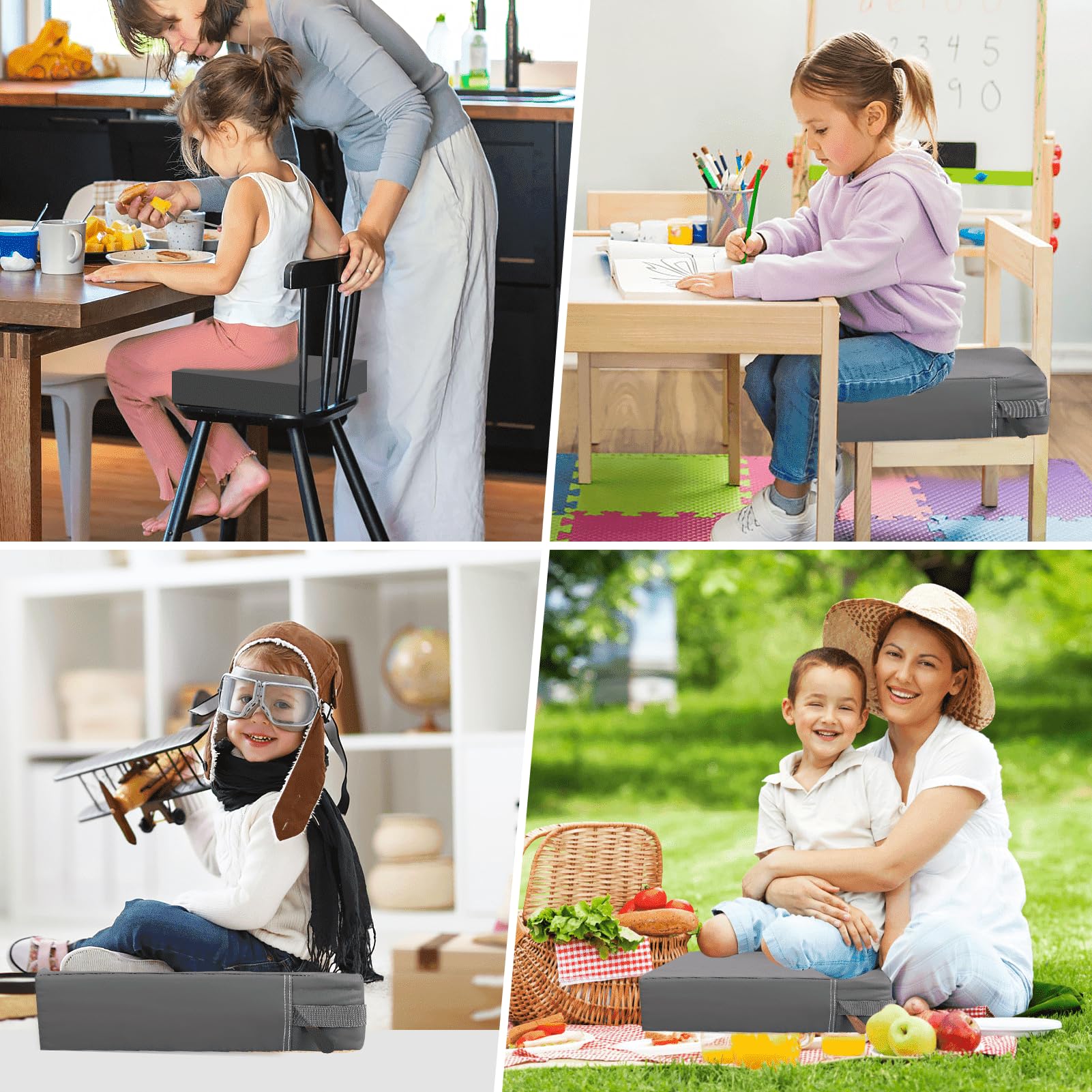 Sitzerhöhung Stuhl, Waschbar Zerlegbar Tragbare Sitzerhöhung Kleinkinder Esszimmerstuhl ErhöHen Pad Esszimmer Boostersitze mit 2 Sicherheitsschnalle Gurte Kindersitzkissen (Dunkler Grau)