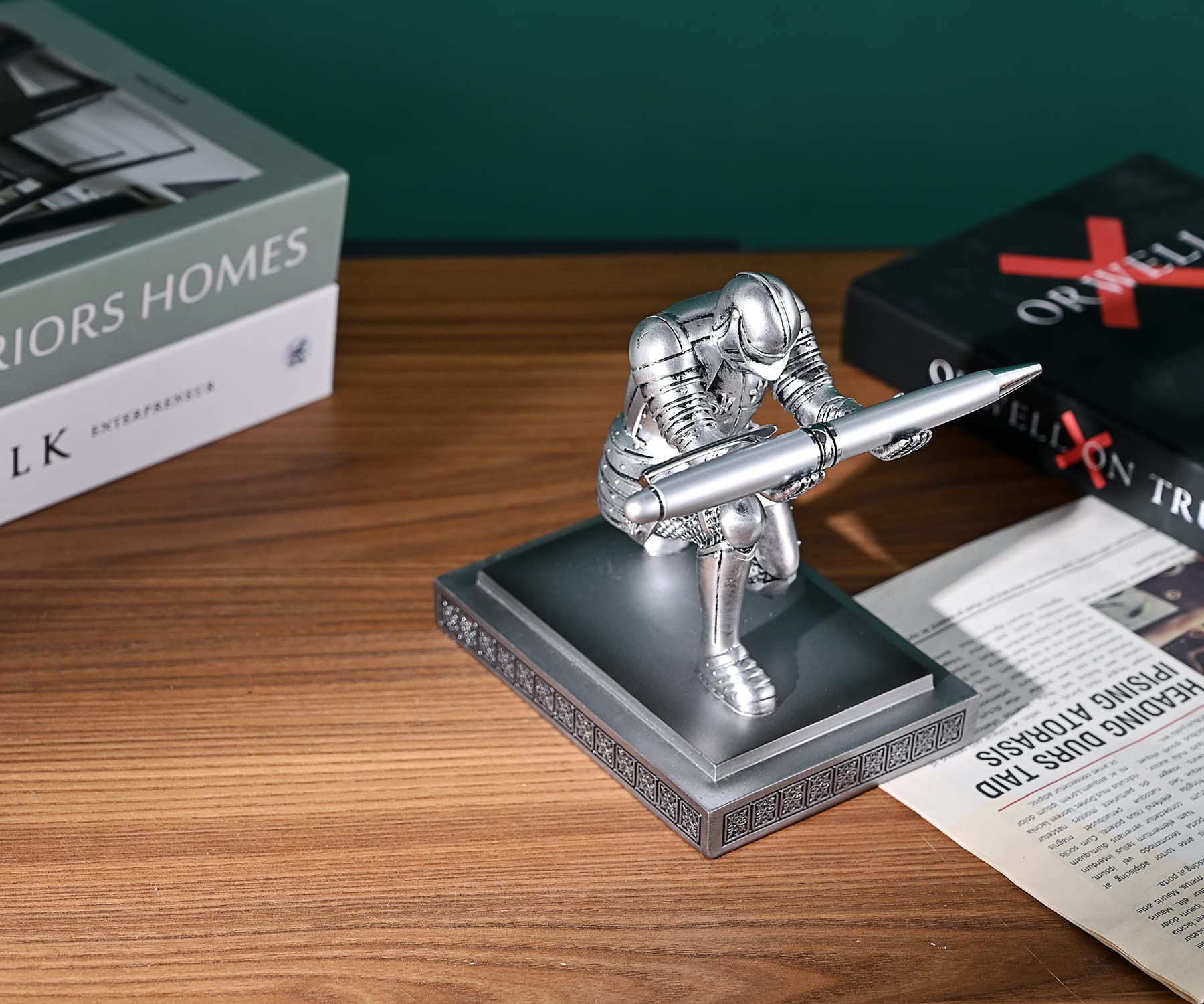 HDMbigmi Knight Pen Holder Pen Stand Desk Organizers and Accessories Resin Pencil Holder as Gift with a Fancy Pen for Office and Home Desk Organizer (Silver) - Image 4
