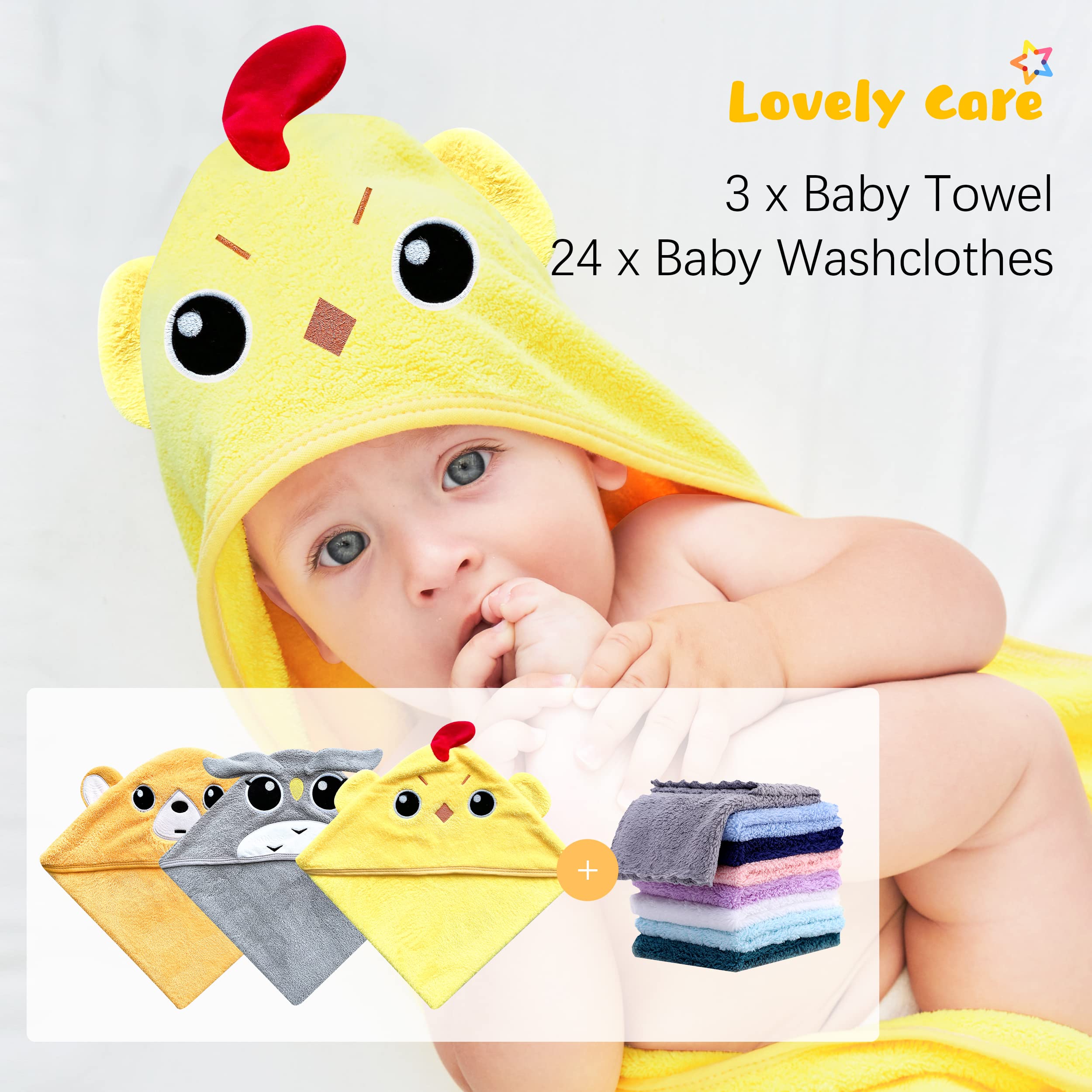 Lovely Care Paquete de 3 toallas de baño con capucha para bebé con 24 unidades para recién nacidos, bebés y niños, niños y niñas, artículo esencial de búsqueda de registro de bebés, pollo, oso, águila