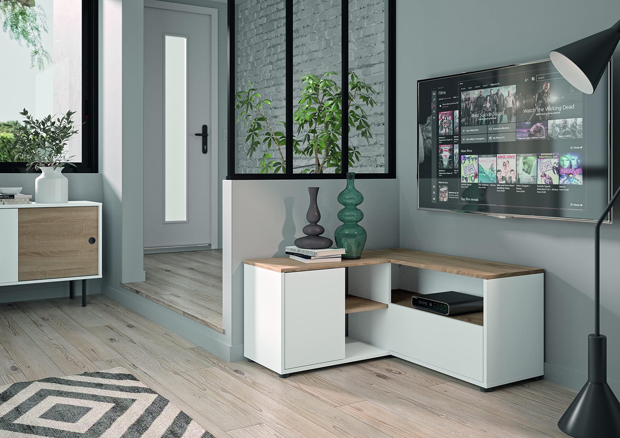 Symbiosis Angle, tavolino porta tv angolare, bianco e rovere naturale, 90x90x45 cm