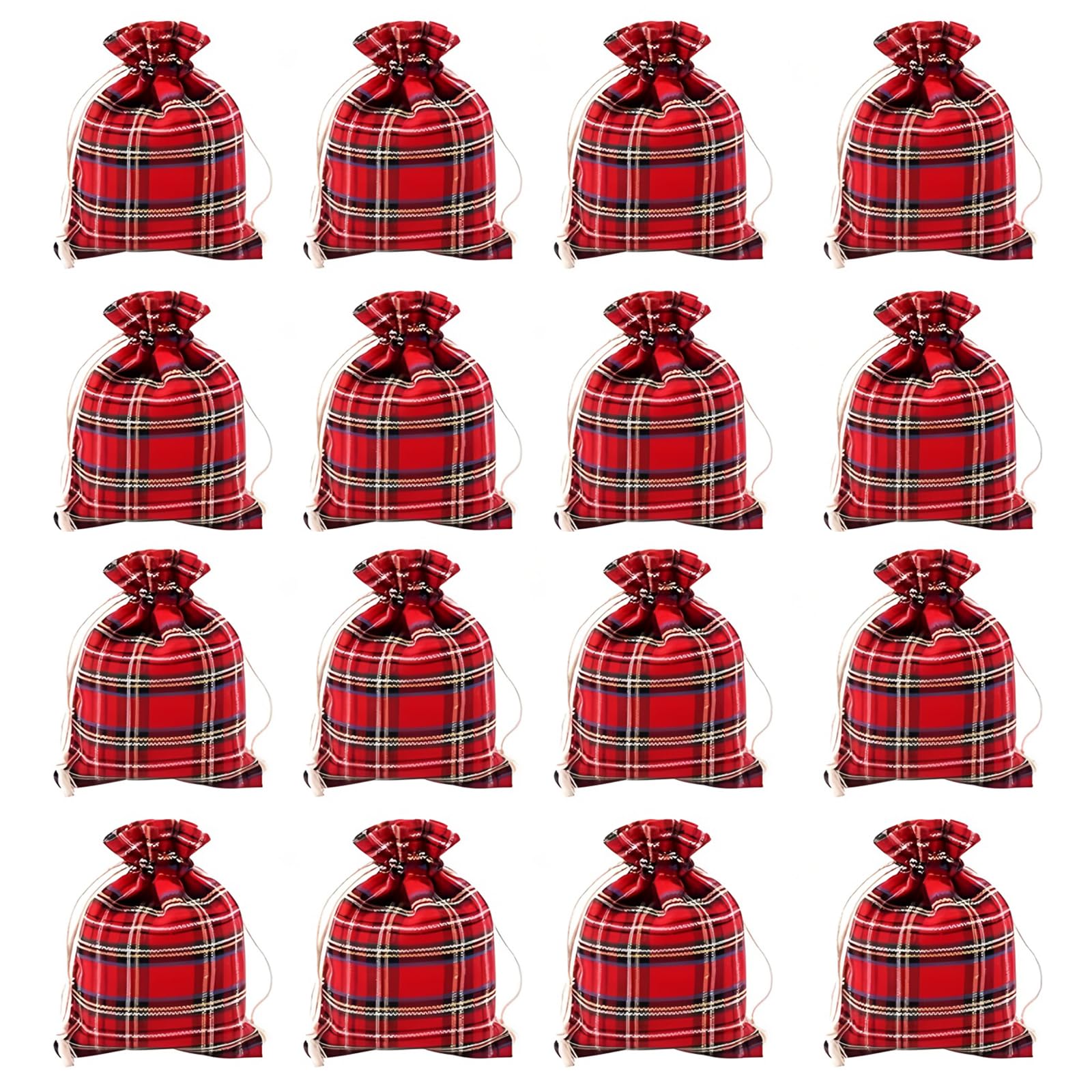 HAICN 16Pcs Scottish Plaid Drawstring Gift Bags Red Tartan Fabric Pouches with Drawstring, Reusable Wrapping Bags for Christmas Holiday Party Favors Candy Jewelry Storage（10 * 14cm）.