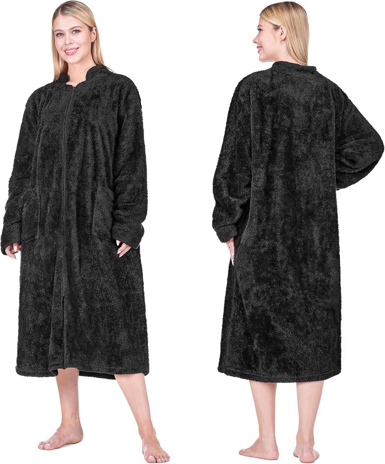 PAVILIA Womens Housecoat Zip Robe, Sherpa Zip Up Front Robe Bathrobe, Plush Warm Zipper House Coat Lounger, Pockets Fluffy - Image 2