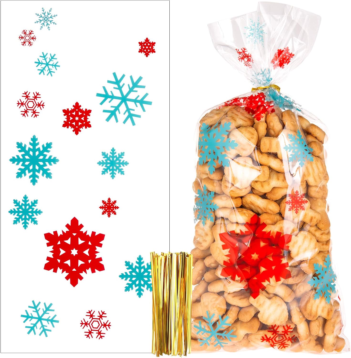 100pcs Christmas Cellophane Sweets Bags, Clear Xmas Party Treat Bags with 200pcs Twist Ties for Popcorn Candies Cookies Wrapping