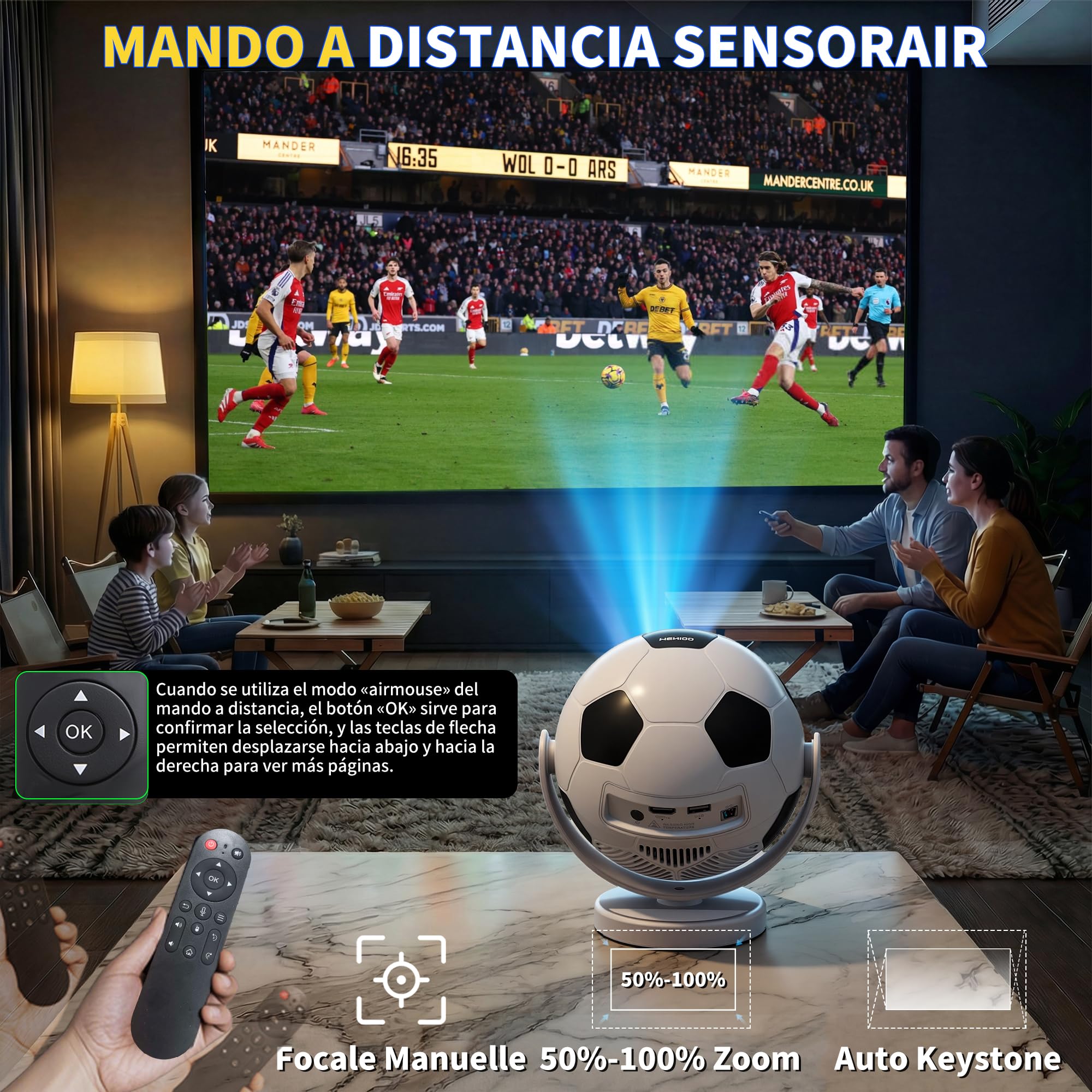 [Built-in Apps & 2026 Football Proyector] Mini Proyector Support 4K 1280P with WiFi 6 and Bluetooth 5.4, Auto Keystone 360° Rotatable Projector Portable Compatibile with HDMI/TV Stick/USB - White