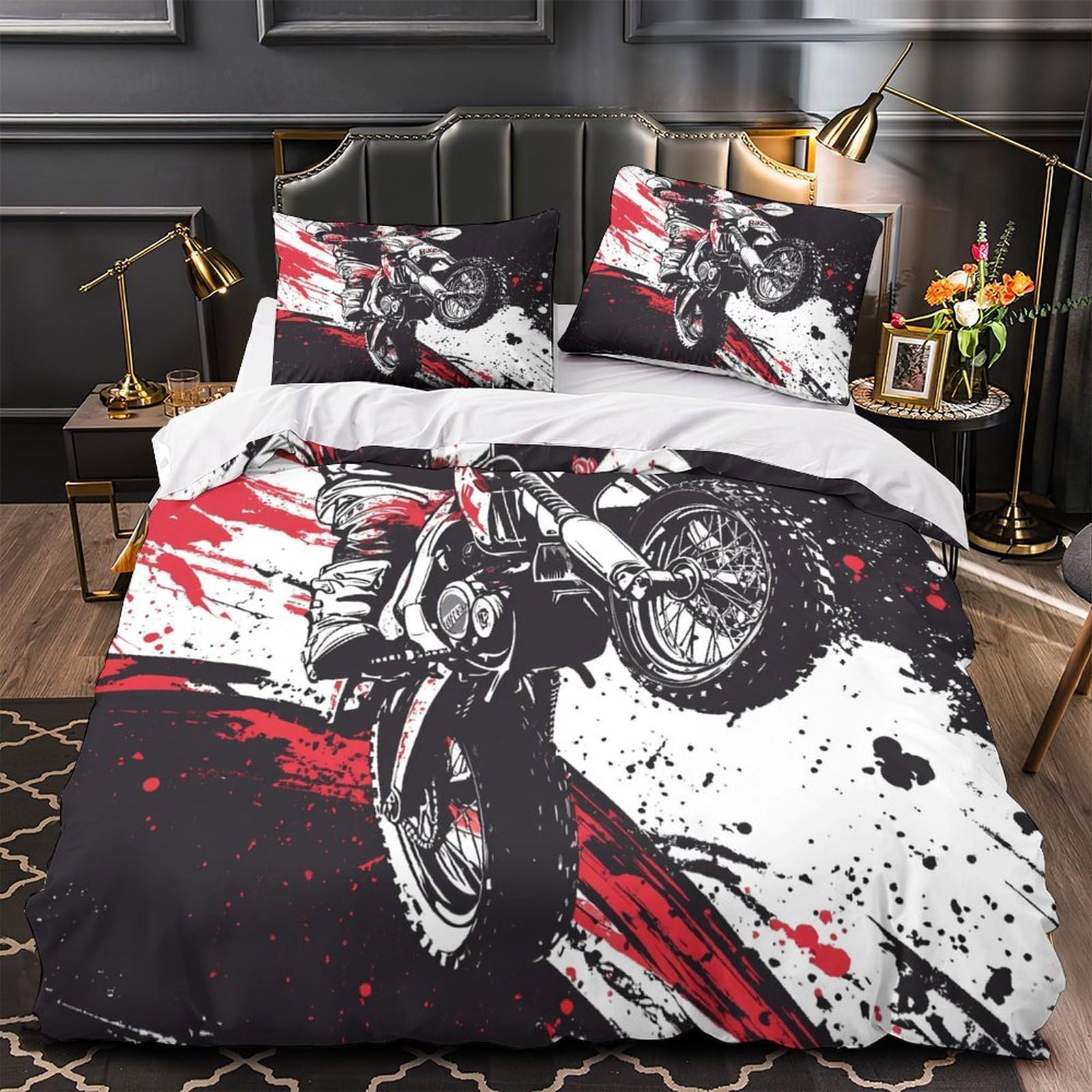 Housse de couette motorbike racing 3 pièces en microfibre imprimée avec 2 taies d'oreiller