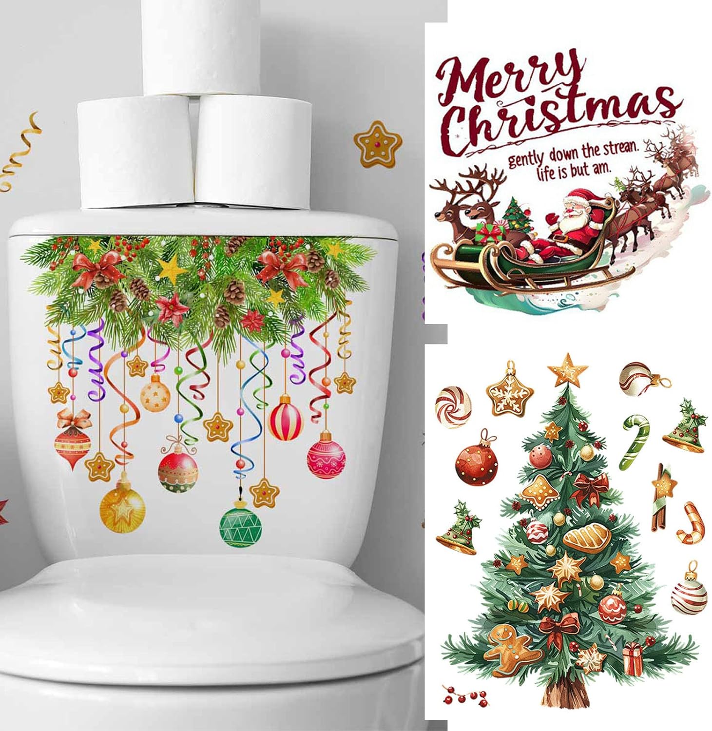 mdgfge 3 Sheets Christmas Santa Claus Reindeer Toilet Stickers Decals Christmas Toilet Lid Stickers, Christmas Trees Colorful Balloon Self-Adhesive Design Stickers for Xmas Party Bathroom Wall Decor