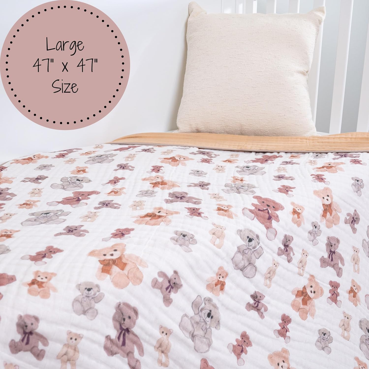 LollyBanks Muslin Baby Quilt, 100% Cotton Baby Blanket for Boys and Girls, Large 47 x 47 Inches, 6-Layer Soft and Breathable Infant Blanket, Cozy Nursery Blankets, Registry (Teddy Bear Print)