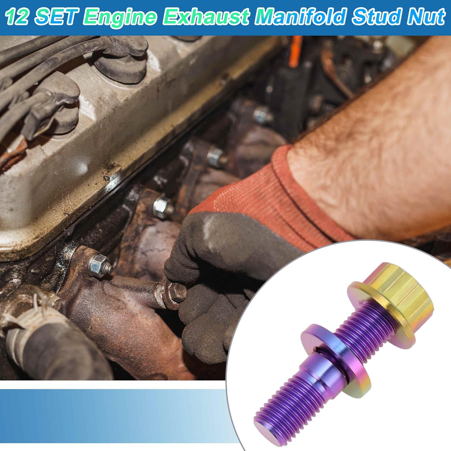12 Set Titanium Exhaust Manifold Bolt M10x45mm Pitch 1.25 Exhaust Manifold Stud Kit Screws Nuts Washers Candy-Colored
