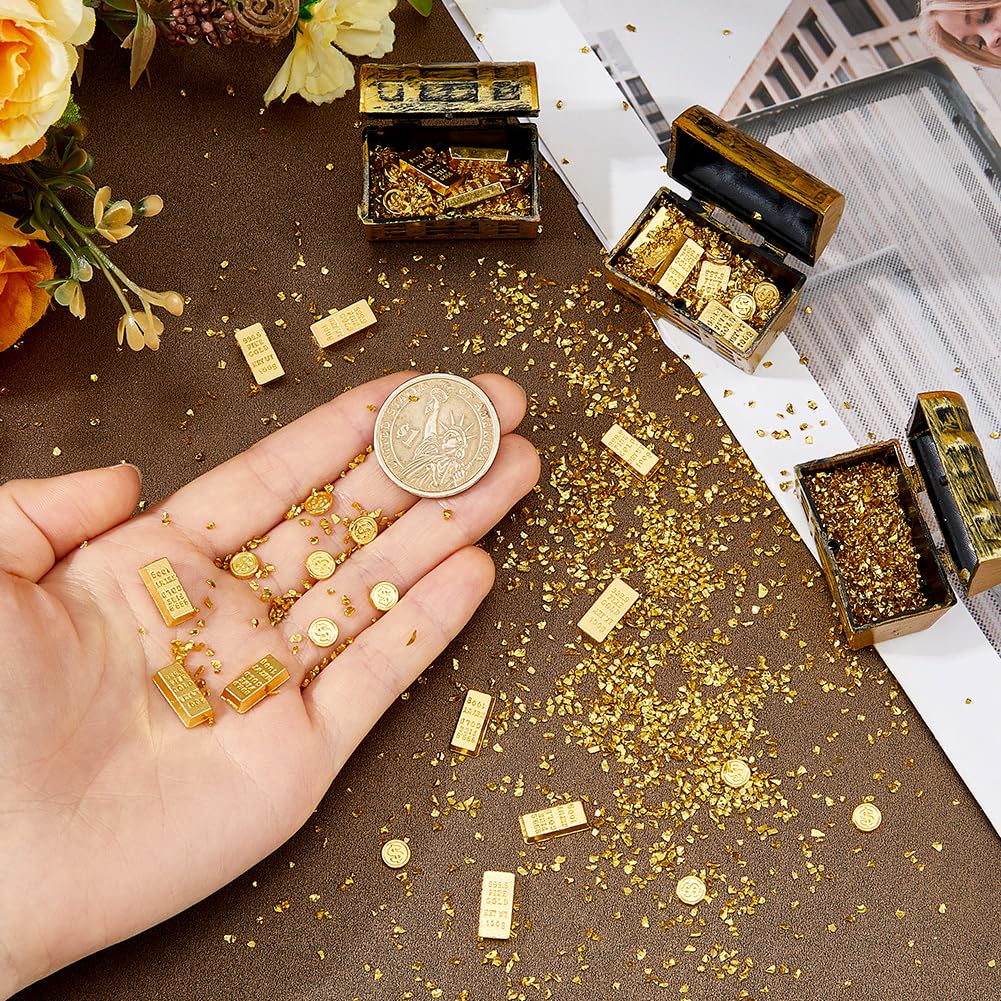 DICOSMETIC 3 Sets Tiny Faux Gold Treasure Chest Including Faux 60Pcs Gold Bars and Coins 16.8g Golden Particles Miniature Treasure Chest Set Mini Vintage Pirate Jewelry Storage Box for DIY Crafts - Image 3