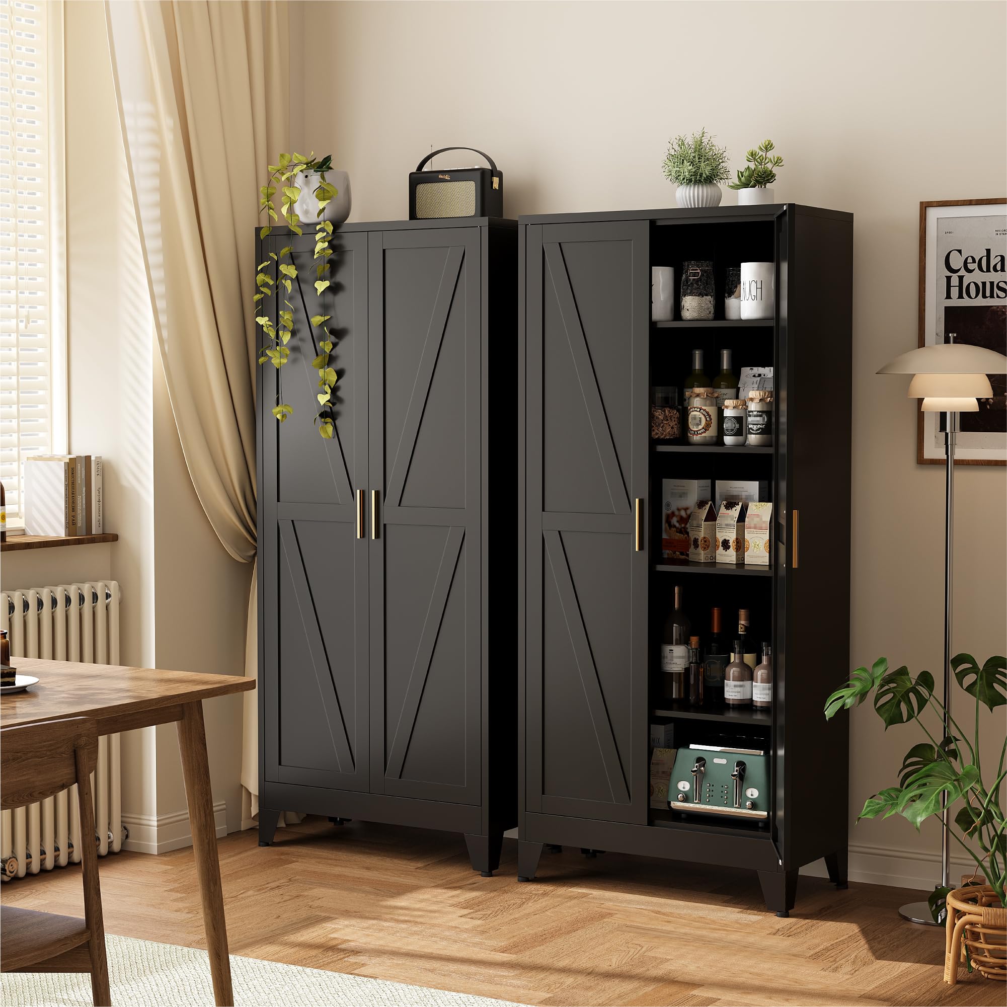 COFaR 71" Modern Pantry Cabinet in Black, 5-Tier Storage Cabinet with Adjustable Shelves, Industrial Steel Cupboard for Kitchen, Office &amp; Living Room Organization