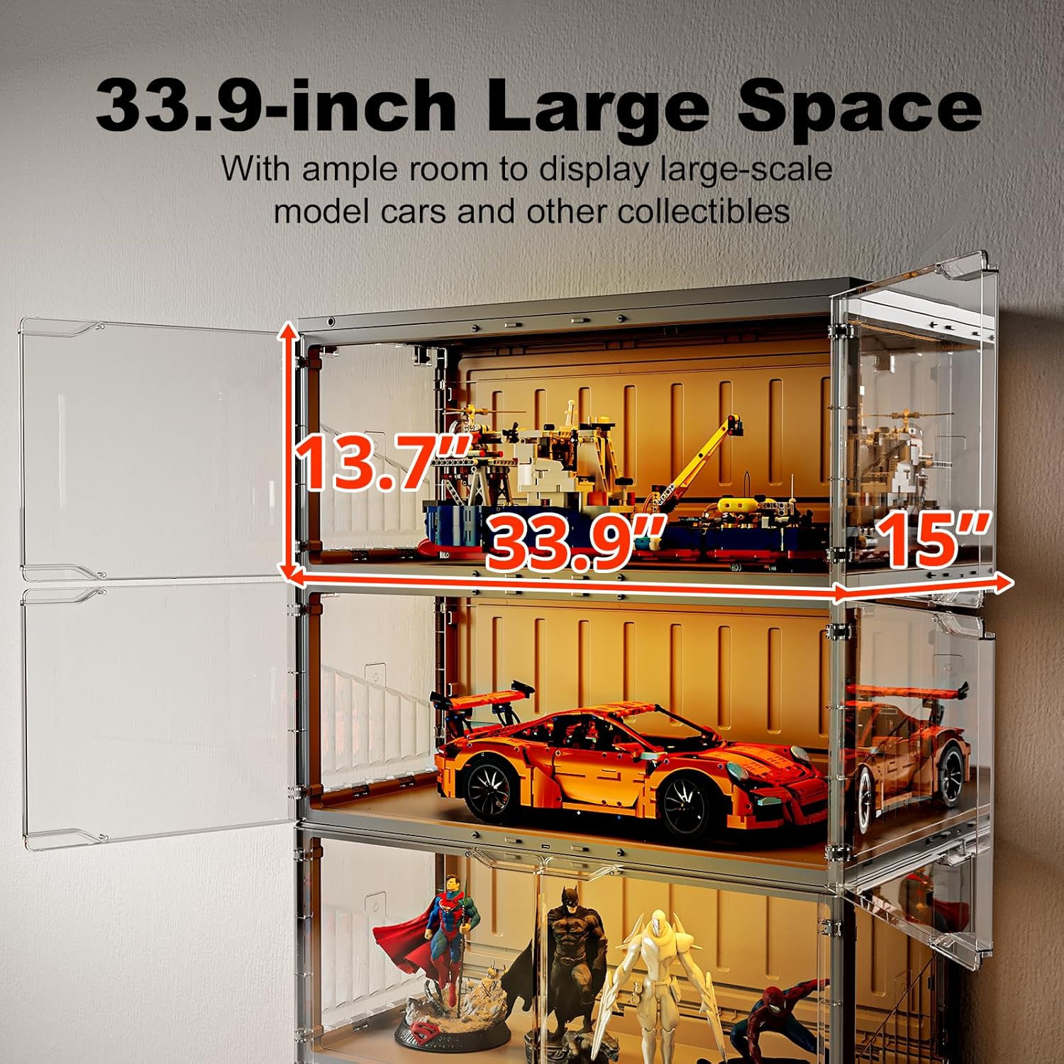 MAGINELS Foldable Display Cabinet, with 2 Color Lights & Infrared Sensing for Collectibles, Curio Cabinet Glass Display Case with Remote Control, Storage Cabinet,Black