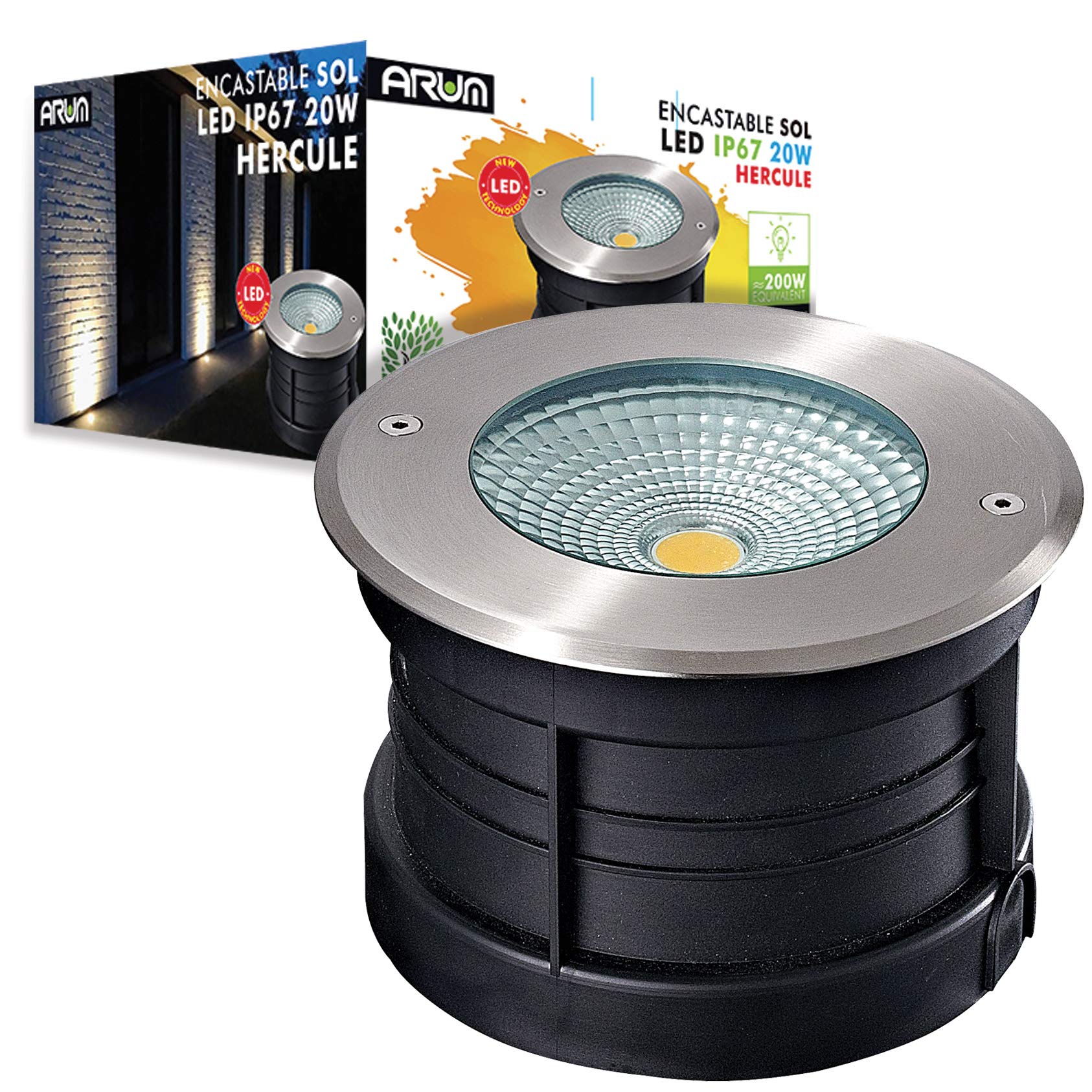 Arum LIGHTING - Spot Encastrable de Sol Extérieur HERCULE, LED COB 20W (2800 Lm), Blanc Chaud 3000K, Étanche IP67, Projecteur Puissant pour Terrasse, Arbre et Façade, Ø 20cm