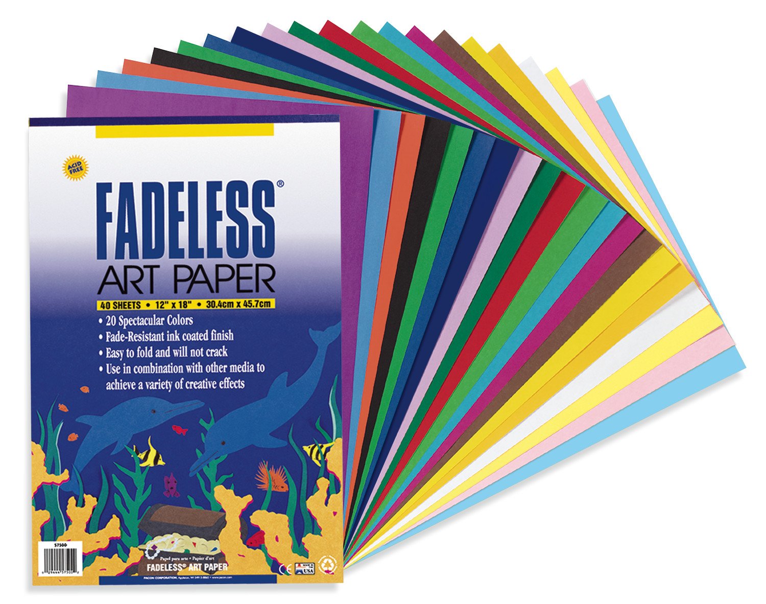 FadelessArt Paper Pad, 20 Assorted Colors, 12" x 18", 40 Sheets