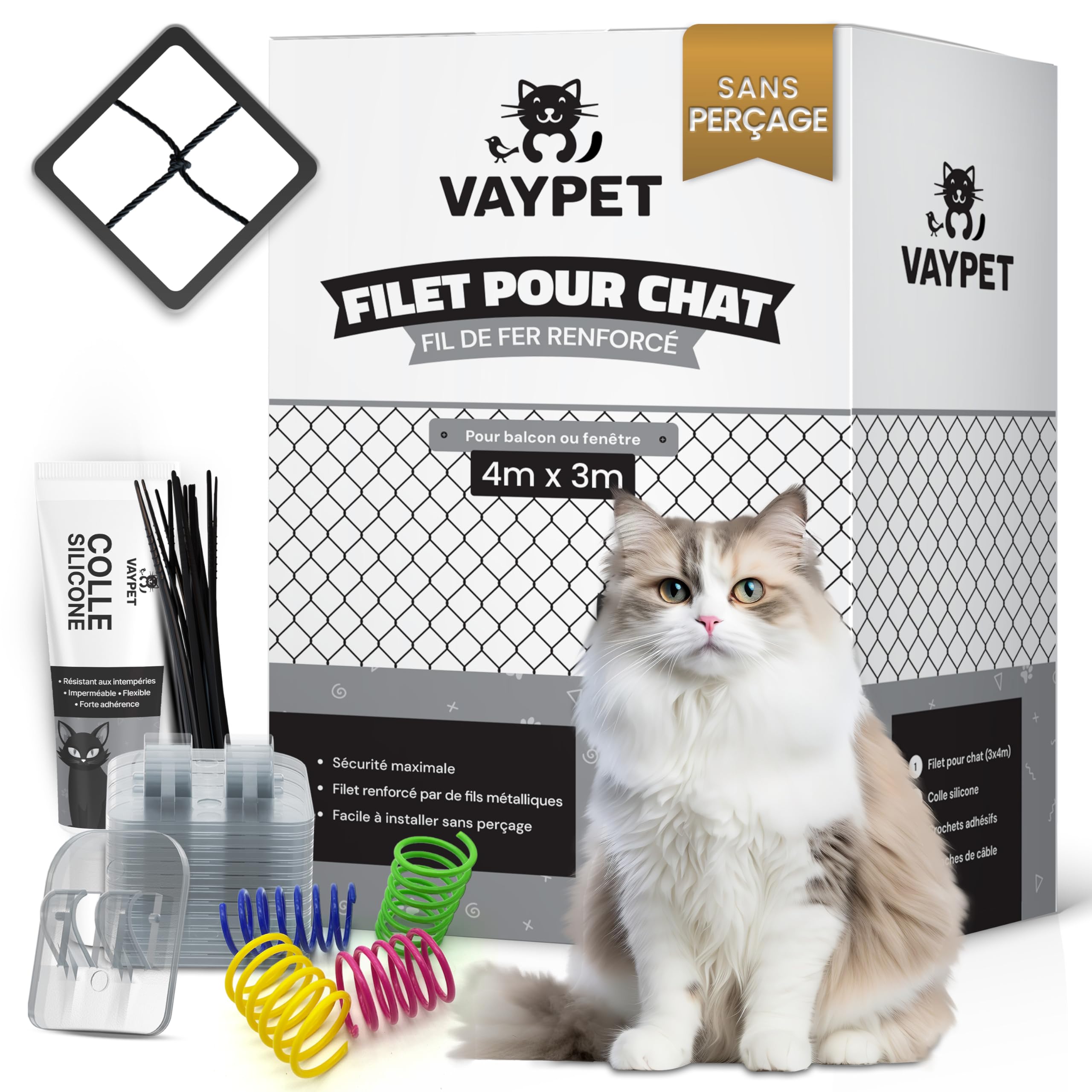 VAYPET® Filet Chat Balcon sans Perçage [4x3m] - Filet Balcon renforcé | Crochets + Colle inclus | Filet résistant aux intempéries | Filet Protection Chat pour Balcon, Fenêtre, Terrasse