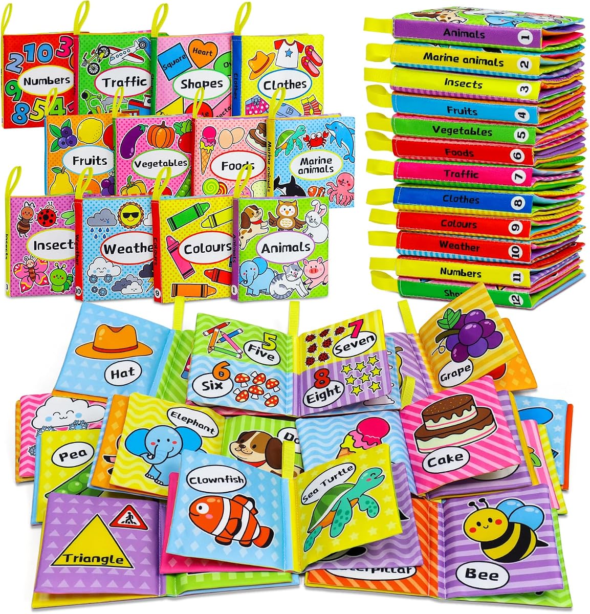 OKOOKO 12PCS Soft Baby Books, Soft Cloth Books, Bath Toys, Crinkle Washable Non-Toxic Early Education Preschool Learning Toy for Newborns Babies Infants Toddlers Kids | Washable, Nontoxic, Educational Learning Toy, High Contrast Baby Book, Soft Books for Babies, Bath Book for Baby Infant