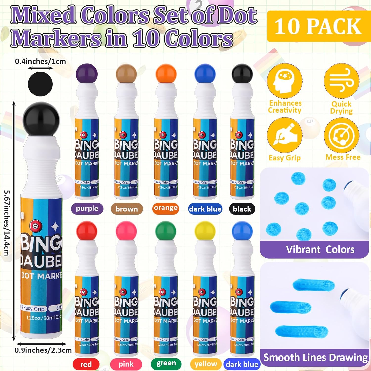 Crtiin 1 Set Bingo Dauber Bag with 8 Pockets and 10 Pcs 1.28 oz Daubers Mixed Colors Set of Dot Markers in 10 Colors Handle and Zipper Tote Bag Suitable for Bingo Night(Purple)