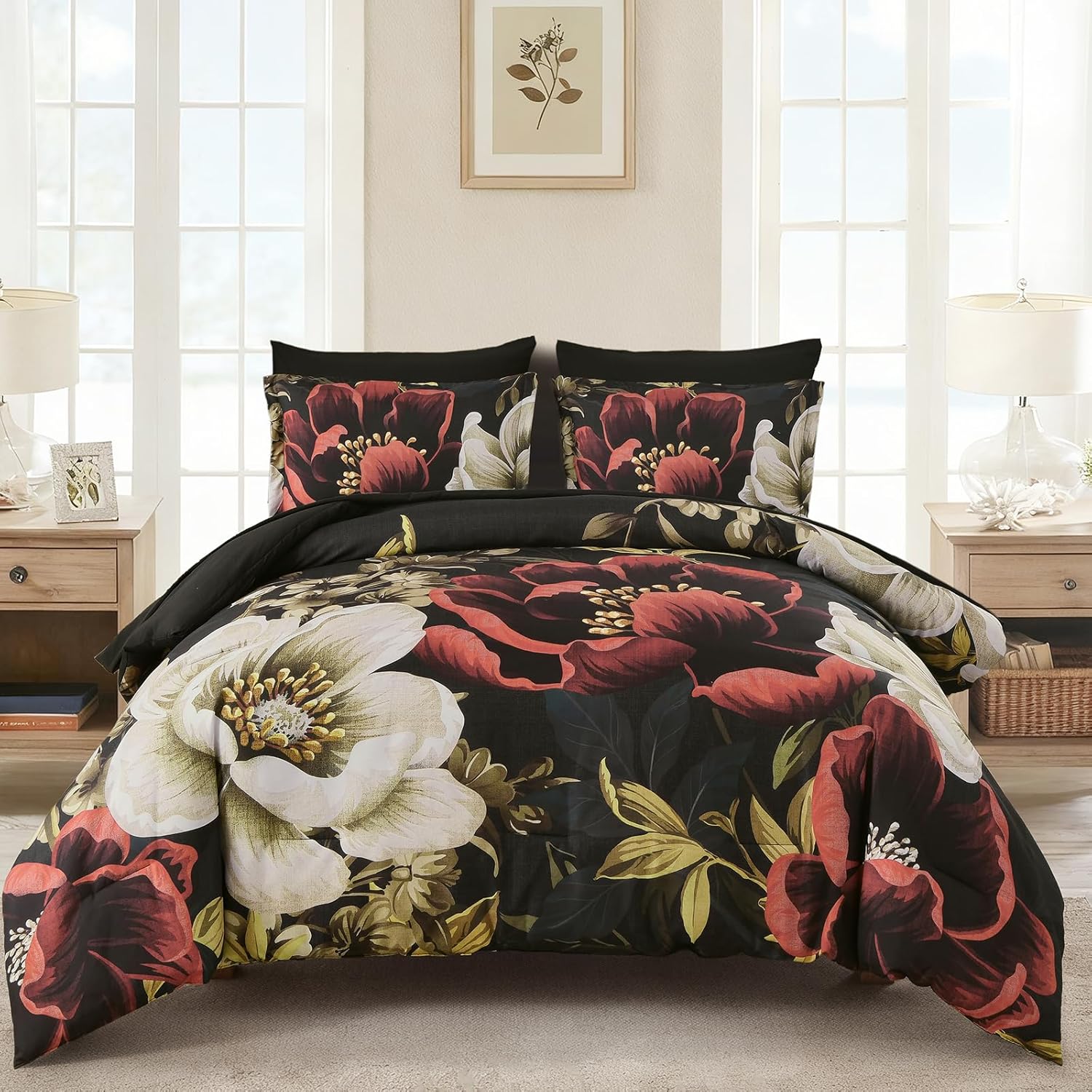 Dintszyayue Black Comforter Set Queen Size, 7 Pieces Floral Bed in a Bag Set, Texture Red Flower Bedding Sets, Soft Microfiber for All Season with Flat Sheet Fitted Sheets Pillowcases and Shams - Image 9