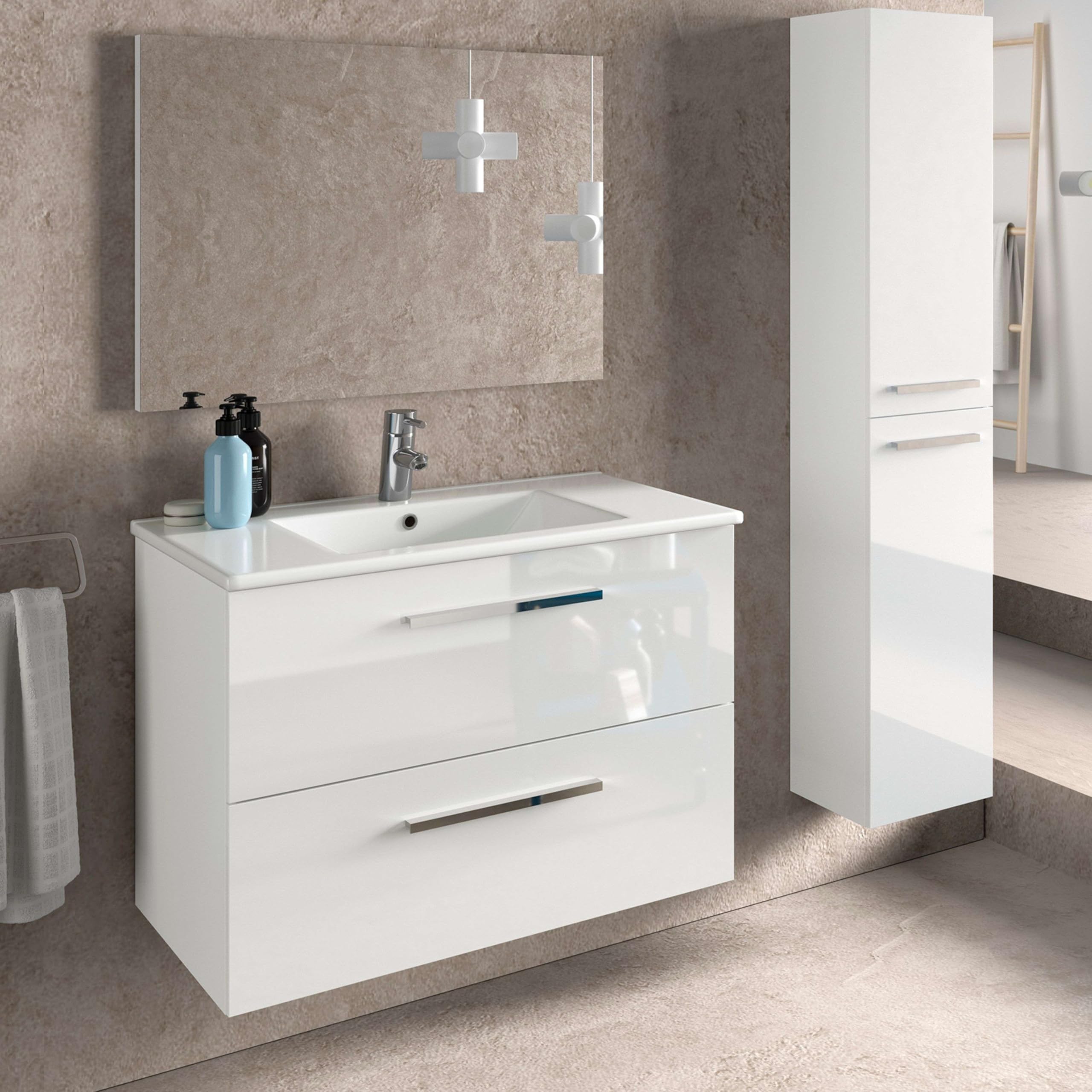 ONDÉE - Mueble de baño de la colección Aruba - Moderno y Práctico - Encimera de cerámica con Lavabo Extra Plano - Espejo Incluido - Entregado en Kit - Ancho 80 cm - Lacado Blanco
