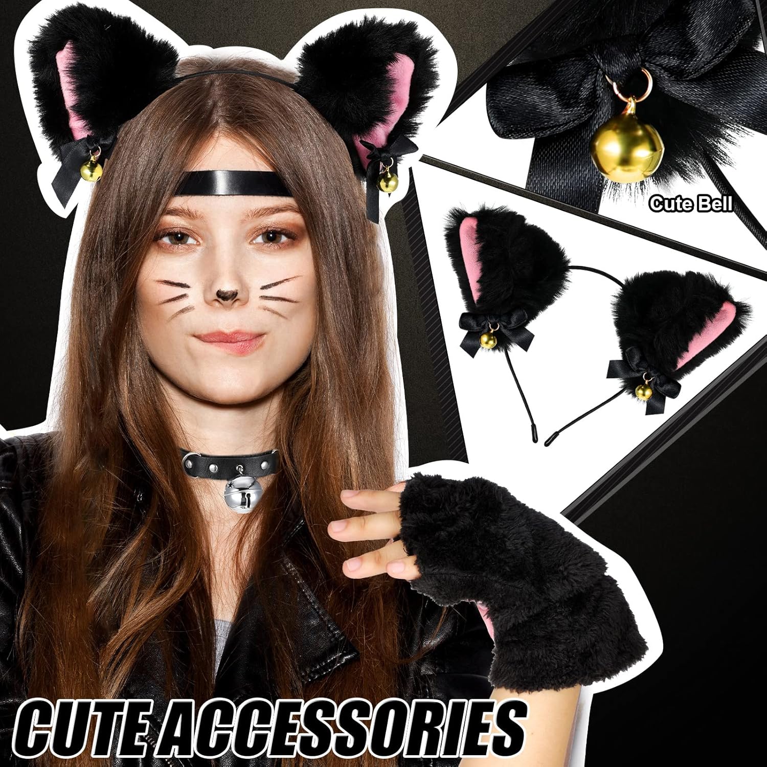 Vicenpal 5 Pcs Cat Cosplay Costume Set Wolf Fox Tail Ear Hair Clip Neck Chocker Fingerless Paw Glove for Halloween Party - Image 2