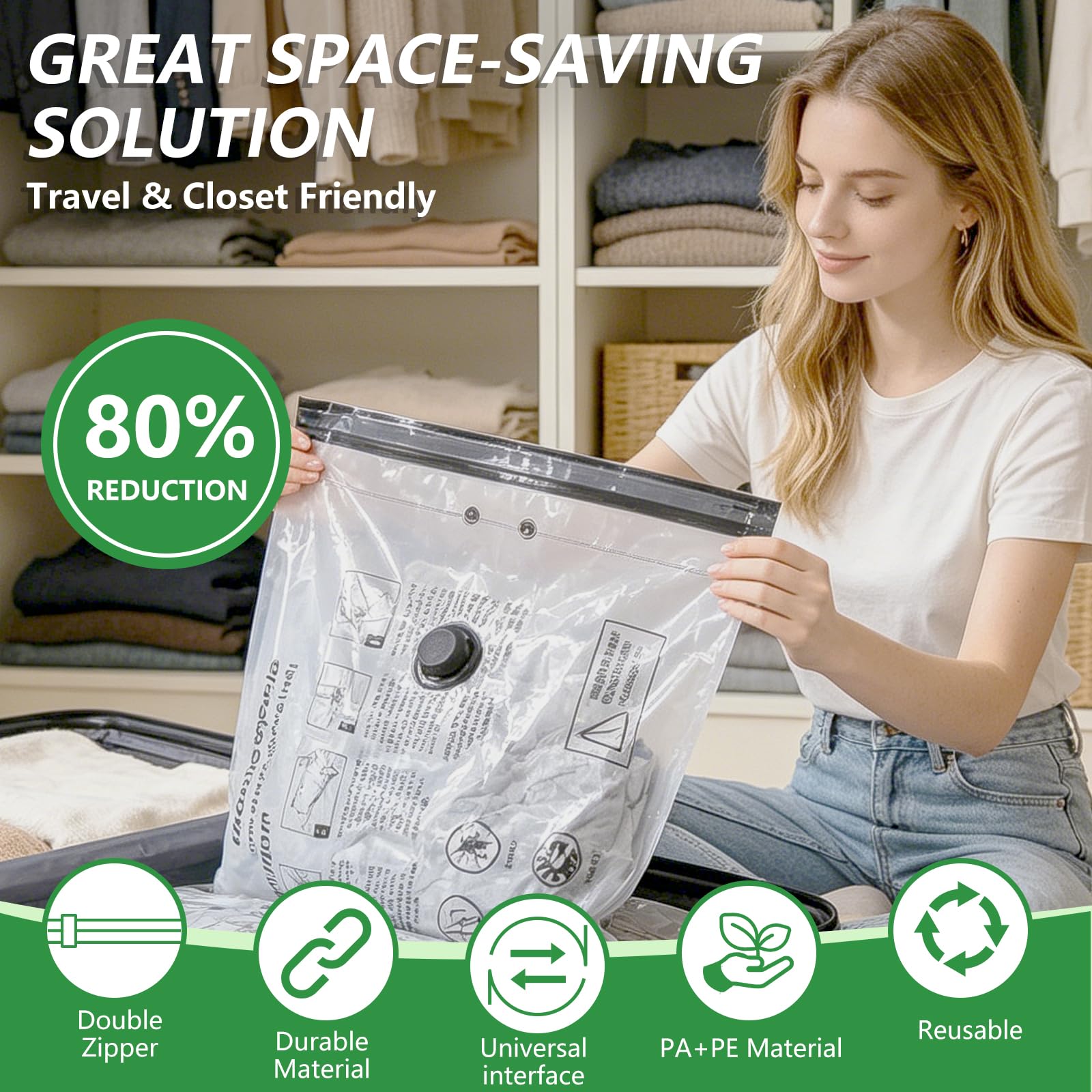 Sacchetti Sottovuoto Vestiti con Pompa Elettrica, 10 Pezzi Sacchetti Salvaspazio Riutilizzabili con Pompa (2XS+2XS+2S+2M+2L), Borse portaoggetti per viaggi, vestiti, piumini, biancheria da letto