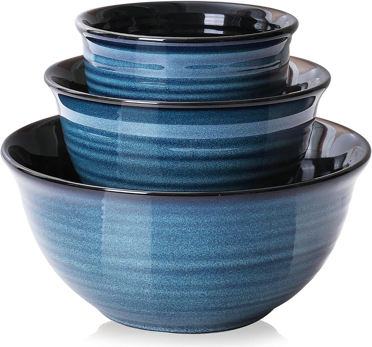 HASENSE Ceramic Mixing Bowls Set for Kitchen, Handmade Serving Dishes for Entertaining, 2.1/1.0/0.5 Qt Deep Microwave Safe Nesting Bowls for Storage and Baking, Blue