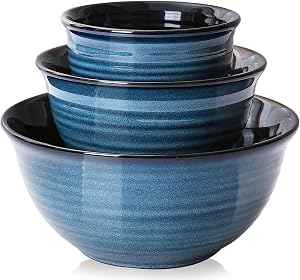 Hasense Mixing Bowls, Ceramic Serving Bowls for Kitchen, 2.1/1.0/0.5 Qt Deep Bowls for Baking, Salad, Pasta, Nesting Bowl Set for Storage, Dishwasher Microwave Safe, Blue