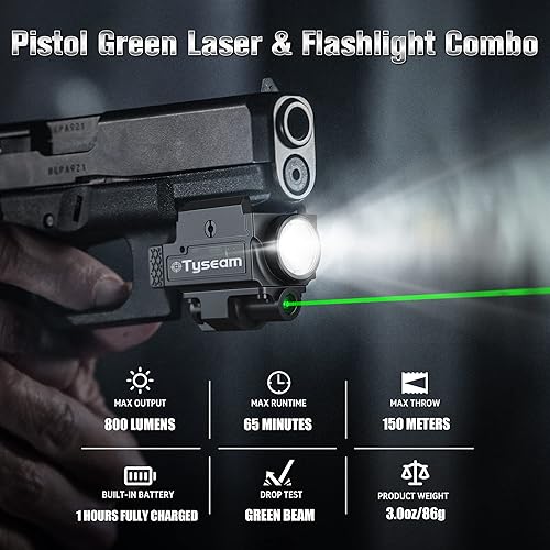 Miniatura 2 de Combo láser de pistola compacta de 800 lúmenes, color verde claro, linterna táctica brillante para pistola con riel Picatinny o GL, luz LED blanca
