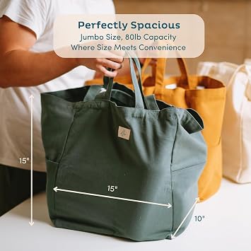 Nook Theory Bamboo Plates Set with Reusable Grocery Tote Everyday Dinnerware and Heavy Duty Canvas Shopping Bag (Celebration 10, Sage)