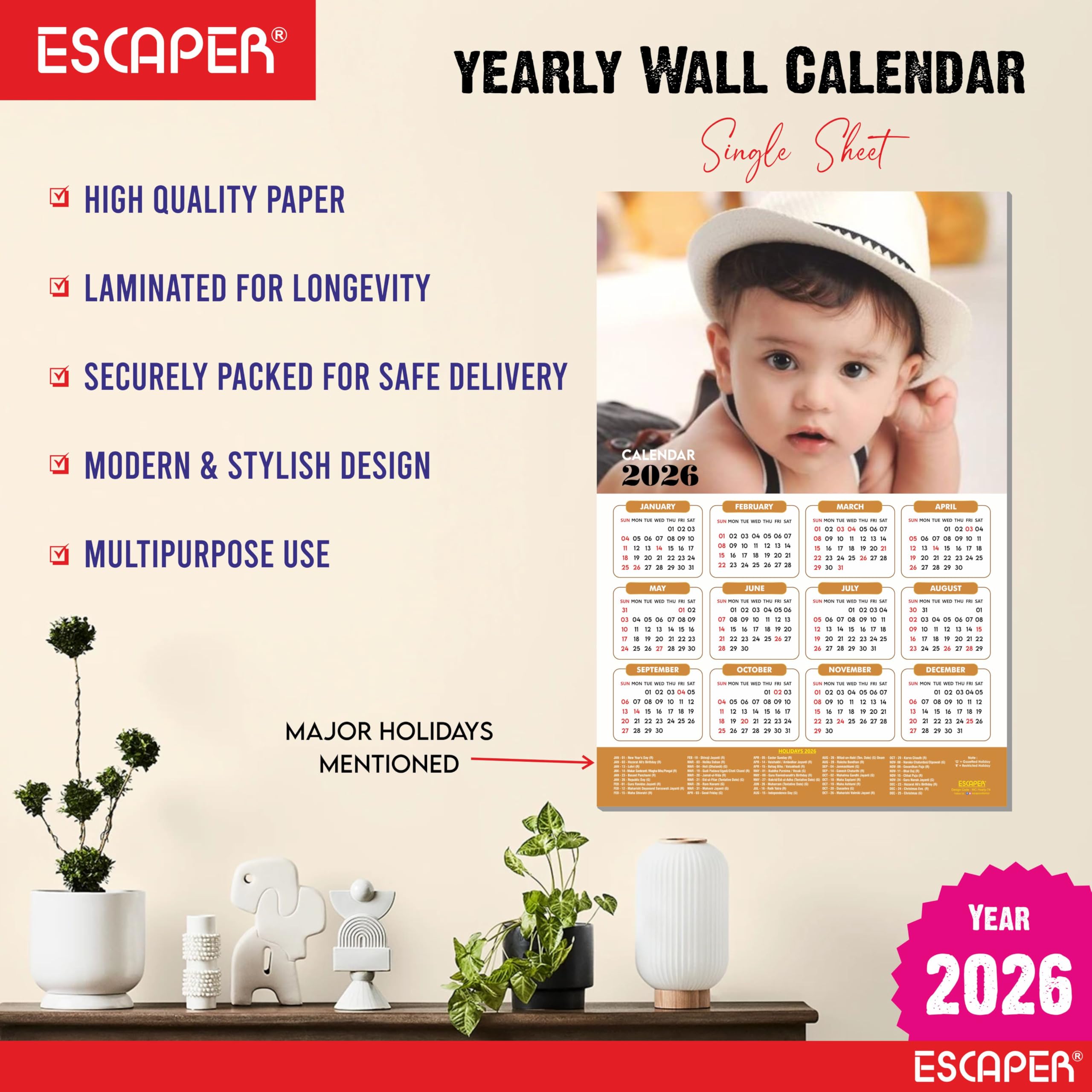 ESCAPER Bonito calendario de pared para bebé 2025 para mujeres embarazadas (45 x 30 cm), fotos de bebé colgando, calendario de pared para bebé 2025 para habitación de mujeres embarazadas, fotos de